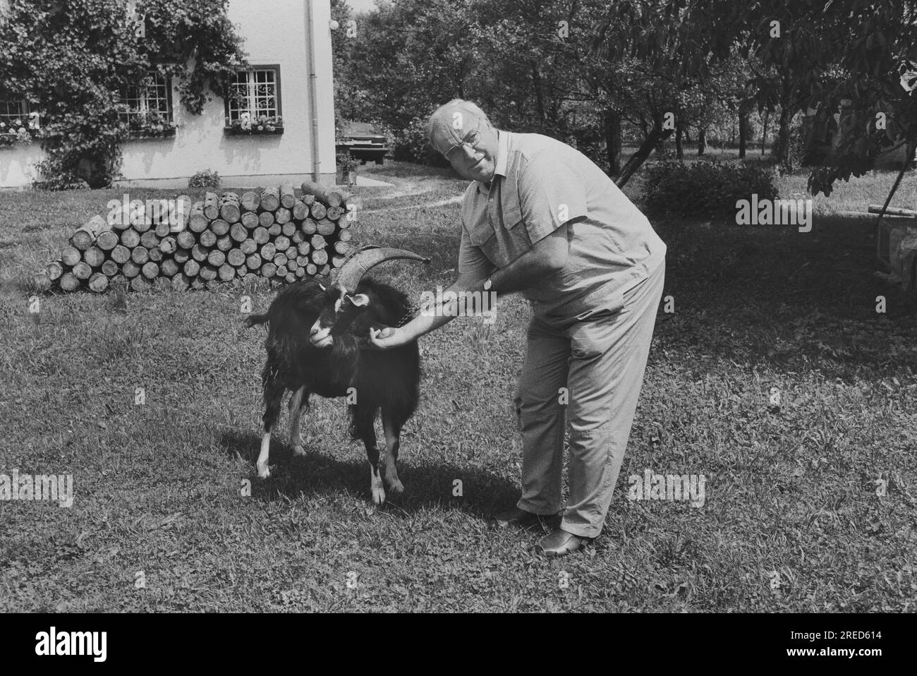 Österreich, St. Lorenz, 09.08.1992 Archiv: 35-72 Sommerurlaub von Kanzler Kohl Foto: Helmut Kohl mit billy Ziege Peter auf dem Bauernhof der Familie Hammerl [maschinelle Übersetzung] Stockfoto