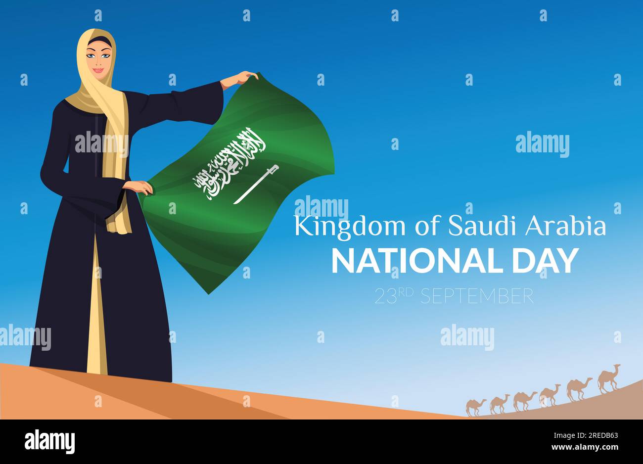 Saudi-Nationaltag, Vereinigung des Königreichs Saudi-Arabien, arabische Frauen unter saudischer Flagge, Tag der KSA-Flagge Stock Vektor