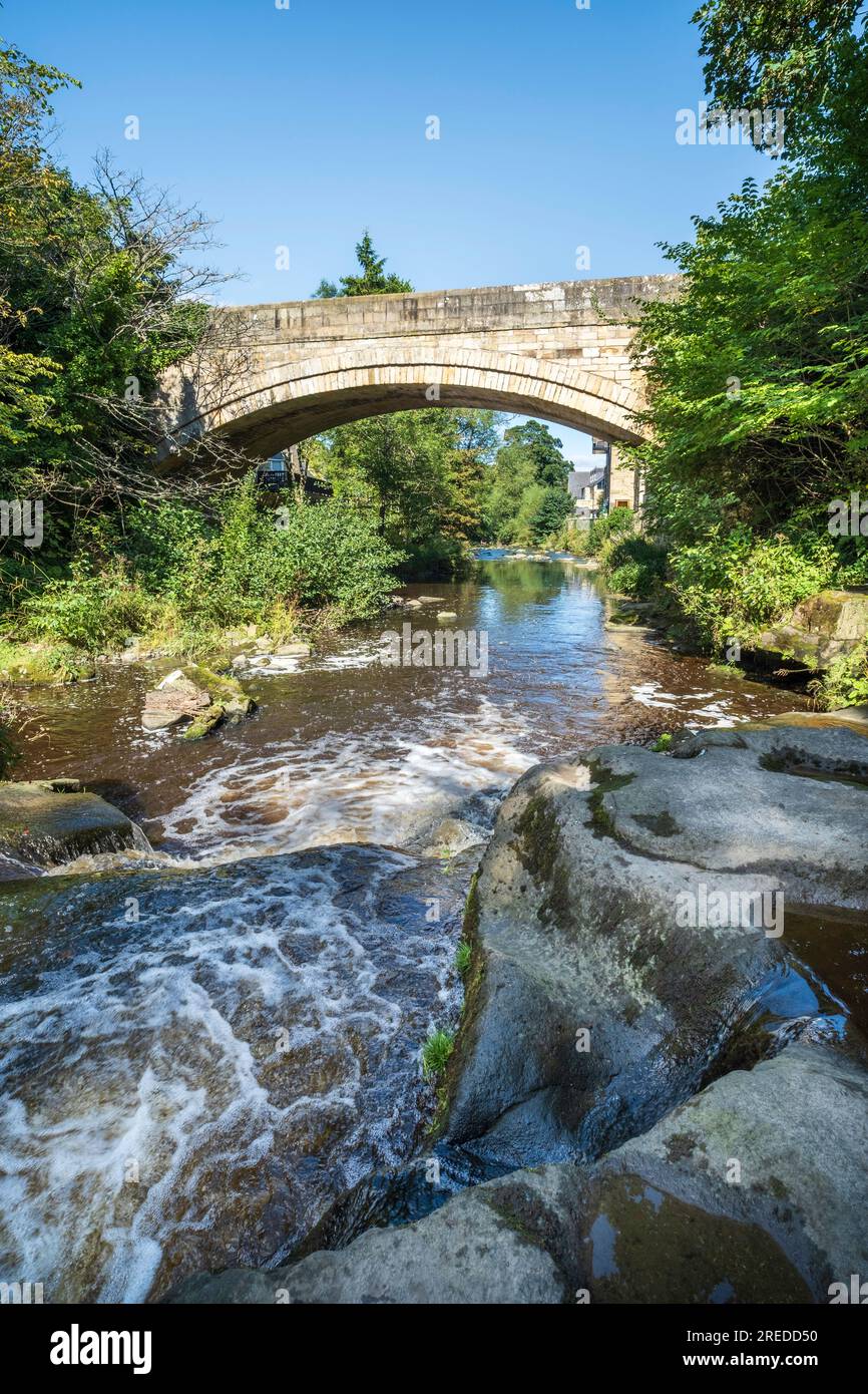 Der Fluss Derwent floss unter der Steinbogenbrücke an der Shotley Bridge in County Durham Stockfoto
