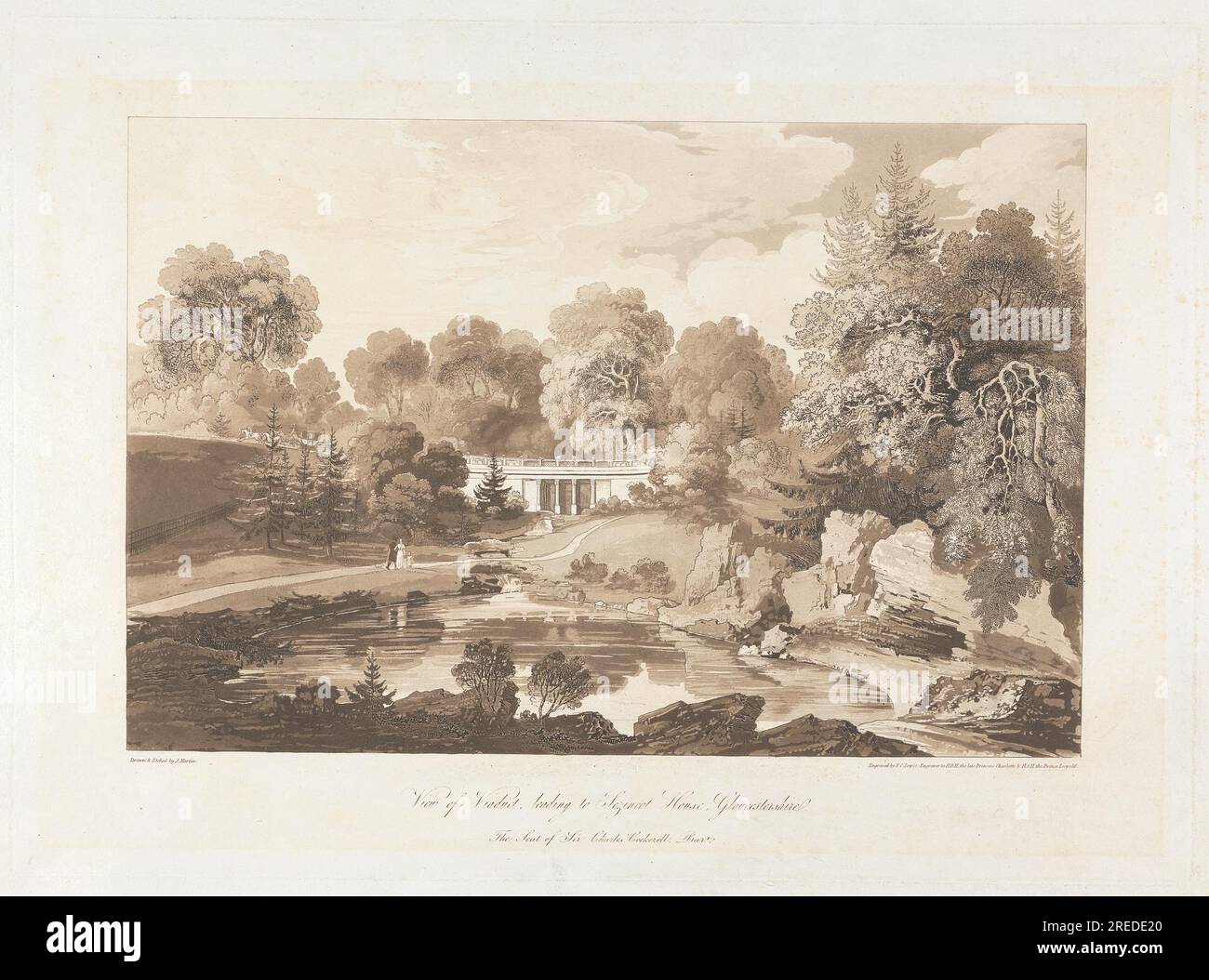 Blick auf das Viadukt, das zum Sezincot House, Gloucestershire führt. Der Sitz von Sir Charles Cockrell, Bart. Etwa 1818 von Frederick Christian Lewis Stockfoto