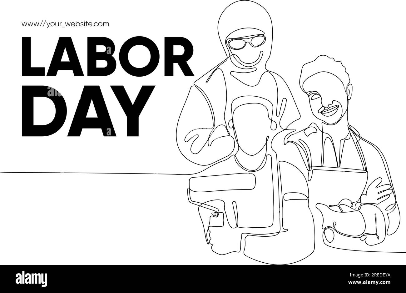 Happy Labour Day einfaches Vektor-Webbanner. Werkzeugsatz. Schriftzug Zum Tag Der Arbeit. Schwarzweißer Hintergrund, Banner, Poster. Vektordarstellung Stock Vektor