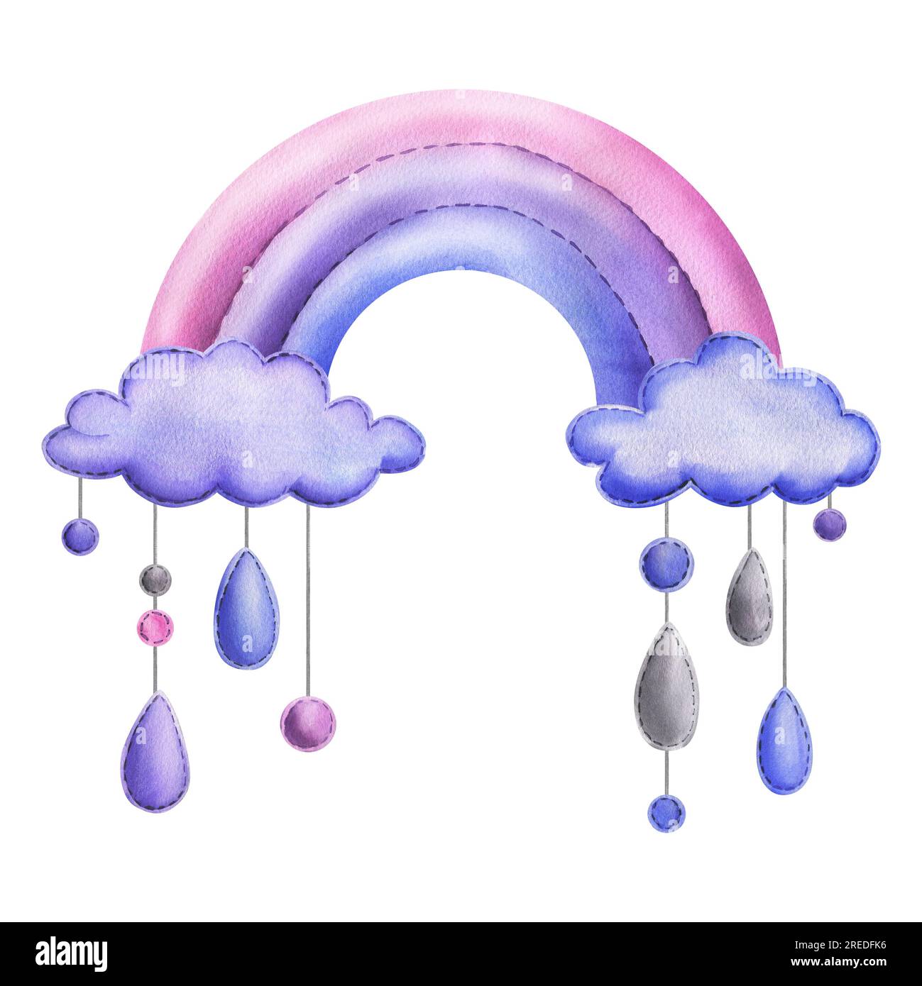 Ein genähter Regenbogen mit Wolken und Regentropfen, die an Seilen in Blau, Lila und Pink hängen. Kindische, niedliche Handzeichnung in Aquarellfarben. Isoliert Stockfoto