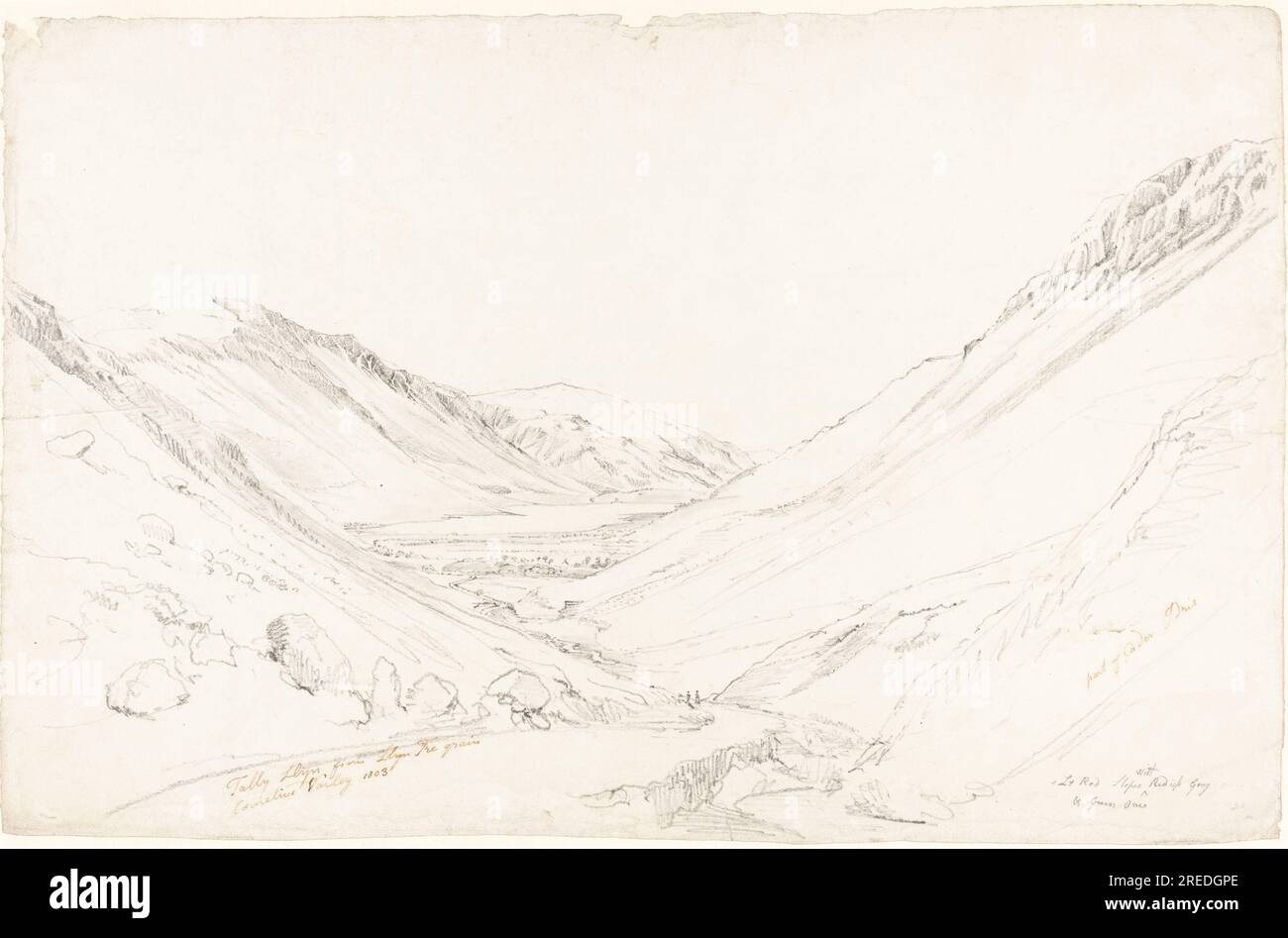 „Cornelius Varley, Tally Llyn aus Llyn Trigrain, 1803, Graphit auf gewebtem Papier; festgelegt, insgesamt: 25,5 x 40 cm (10 1/16 x 15 3/4 Zoll), Geschenk von John Nichols Estabrook und Dorothy Coogan Estabrook, 1988.20.44“ Stockfoto