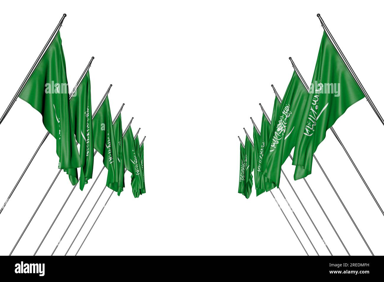 Niedlich jede Feier Flagge 3D Illustration - viele Saudi-arabische Flaggen hängen an diagonalen Stangen von der linken und rechten Seite isoliert auf Weiß Stockfoto