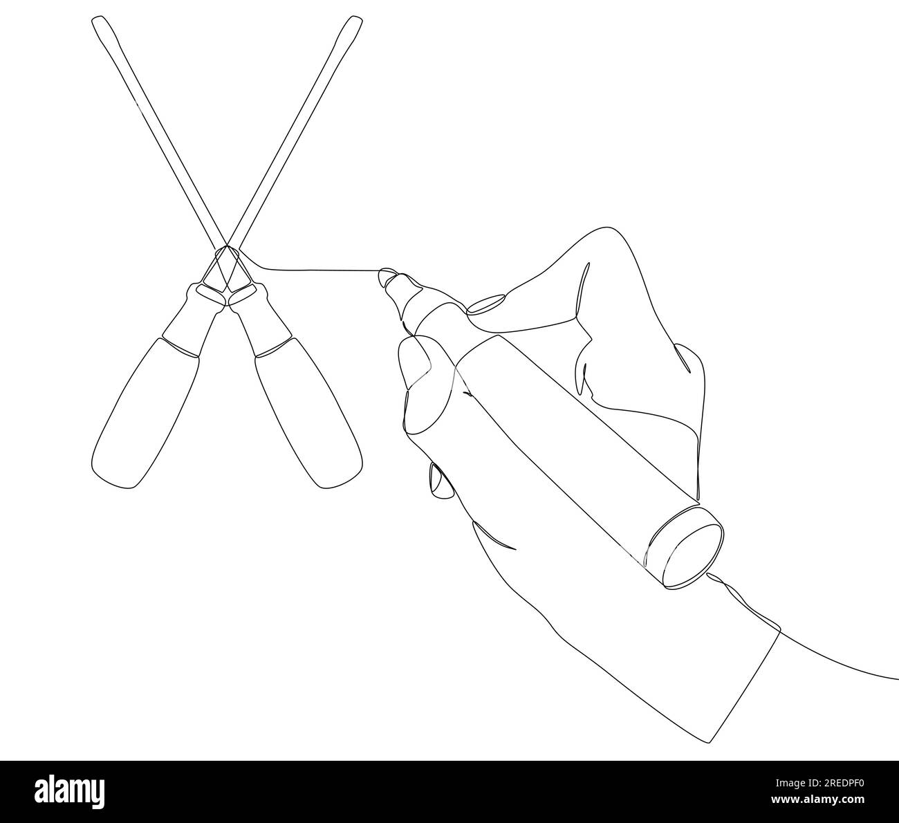 Eine durchgehende Zeile Schraubendreher, gezeichnet mit einem Bleistift und Filzstift. Vektorkonzept zur Darstellung dünner Linien. Kontur Zeichnen kreativer Ideen. Stock Vektor