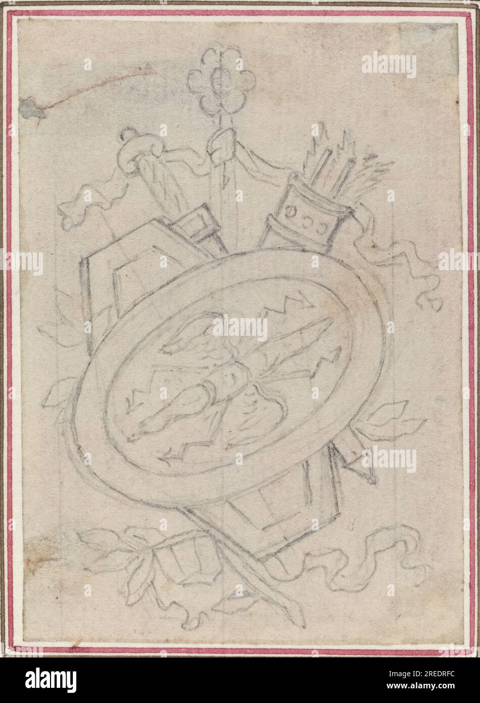 „Hubert Francois Gravelot, eine Ziertrophäe, 0, Graphit, zum Transfer auf liegendem Papier angeschnitten; liegend, Bogen: 7,4 x 5,3 cm (2 15/16 x 2 1/16 Zoll) Halterung: 27,9 x 20 cm (11 x 7 7/8 Zoll), Geschenk von Arthur L. Liebman, 1992.87.17' Stockfoto