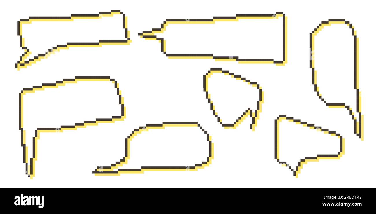 Dialogfelder des Diagramms "Pixel Speech Bubble Collection". Textfeld Retro-Spiel mit 8-Bit-Zeilen. Leere verpixelte Meldungsleiste in den Farben Gelb, Schwarz und Weiß. Zitat Stock Vektor