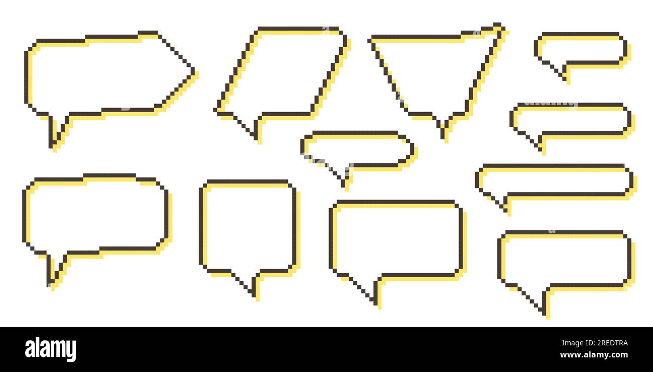 Dialogfelder des Diagramms "Pixel Speech Bubble Collection". Textfeld Retro-Spiel mit 8-Bit-Zeilen. Leere verpixelte Meldungsleiste in den Farben Gelb, Schwarz und Weiß. Zitat Stock Vektor