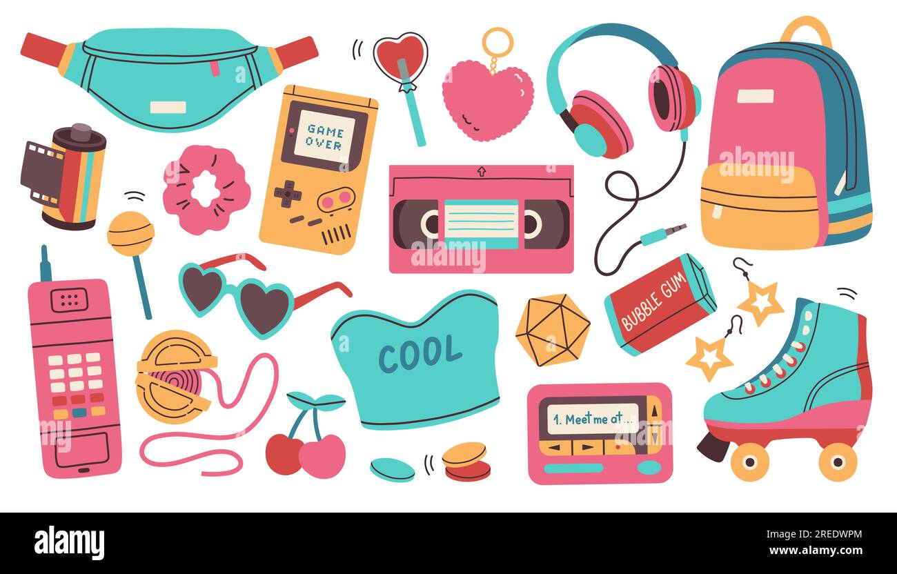Klassische 80s 90s-Elemente in modernem Stil, flacher Linienlook. Handgezeichnete Vektordarstellung. Modeaufnäher, Abzeichen, Emblem. Stock Vektor