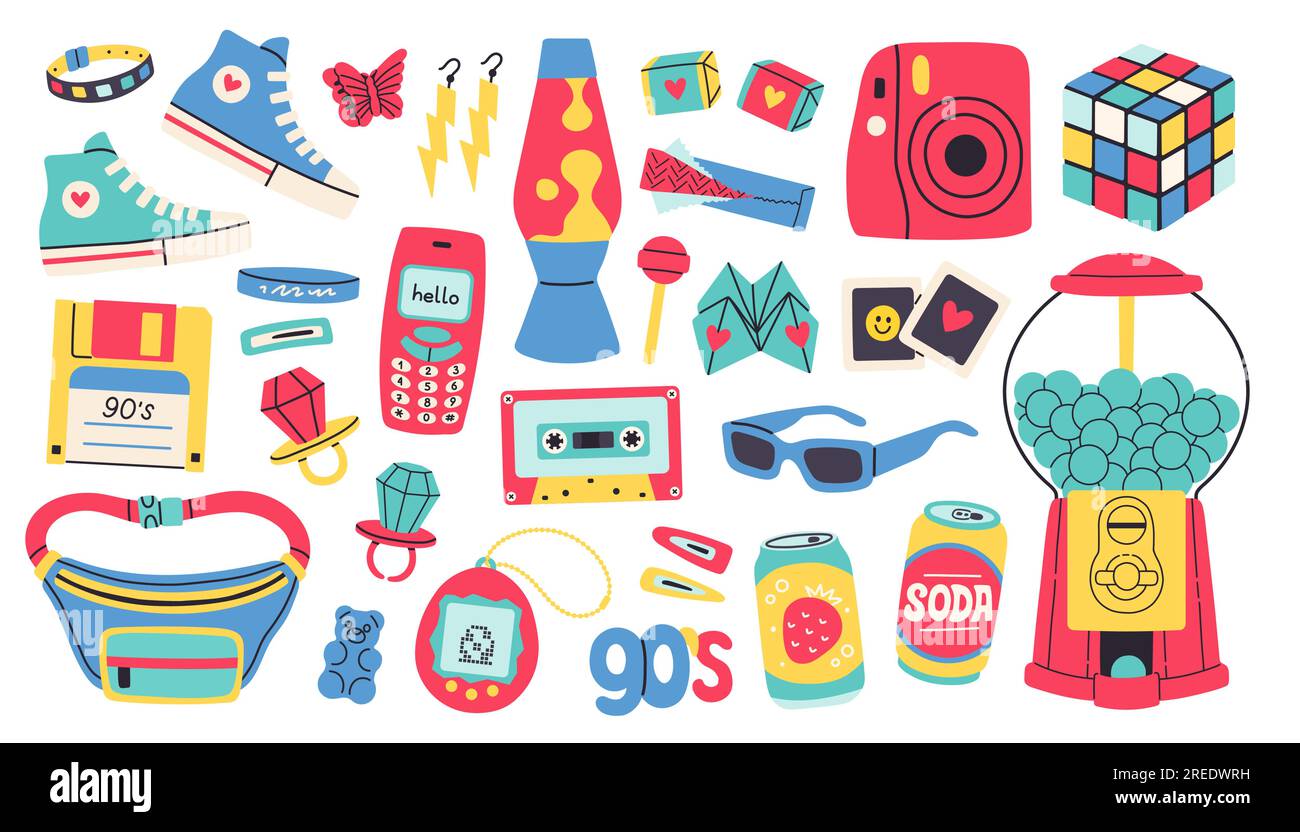 Klassische 80s 90s-Elemente in modernem Stil, flacher Linienlook. Handgezeichnete Vektordarstellung. Modeaufnäher, Abzeichen, Emblem. Stock Vektor