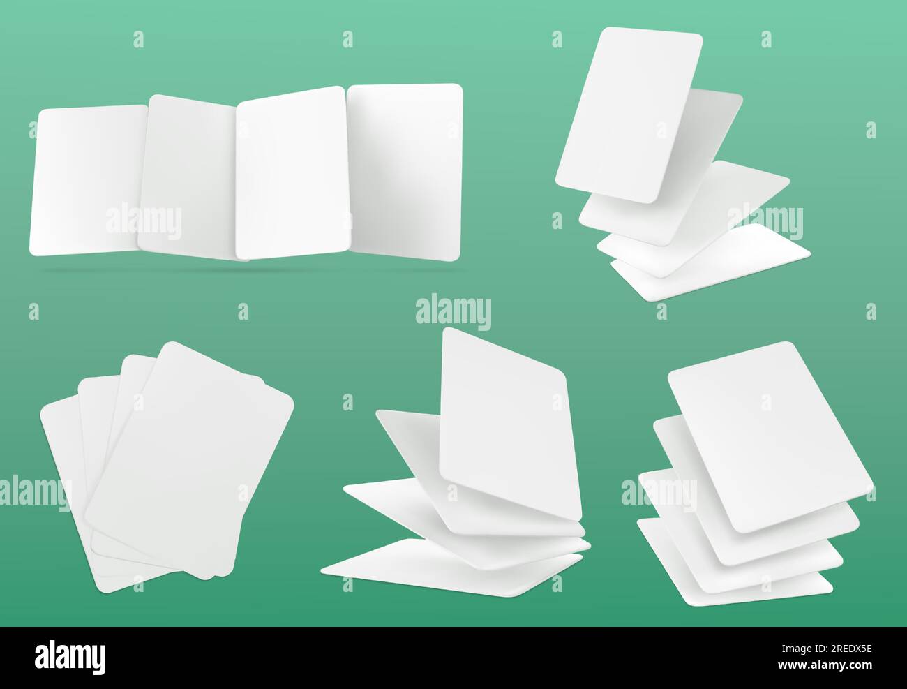 3D leere weiße Karte Poker Spiel-Deck-Mockup-Vektor. 4-Pack-Clipart-Set für Business Casino für mobile Online-Glücksspielanwendungen oder -Enthüllungen. Verschiedene Holdem Sport Combinations Mock-Up-Kollektion Stock Vektor