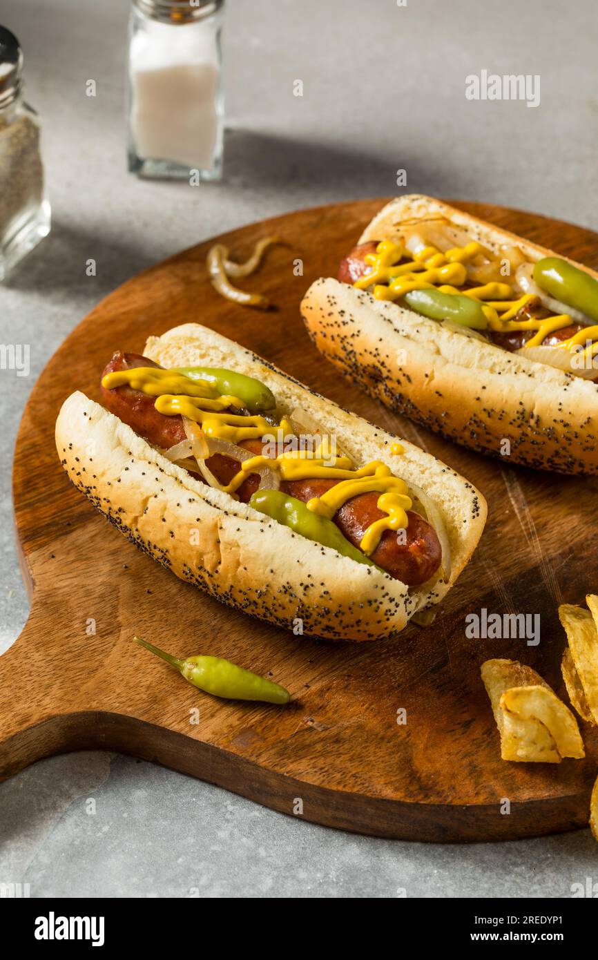Hausgemachte polnische Würstchen in der Maxwell Street im Chicago Style mit Senf und Zwiebeln Stockfoto