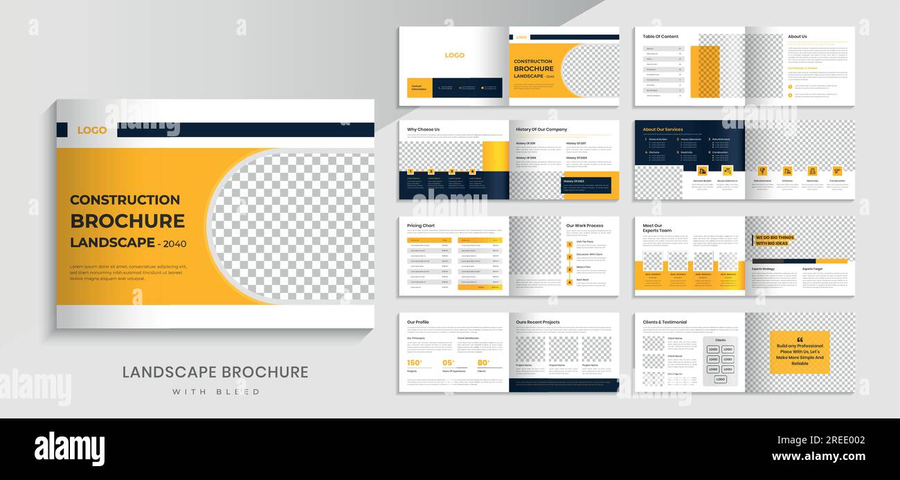 Design einer Broschüre für das Unternehmensprofil Construction Landscape. Vorlage für 16-seitige Layout-Broschüren. Stock Vektor