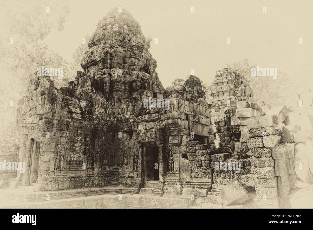 TA Som ist ein kleiner Tempel in Angkor, Kambodscha, erbaut am Ende des 12. Jahrhunderts für König Jayavarman VII Schwarz-Weiß, Filmkörnung. Stockfoto
