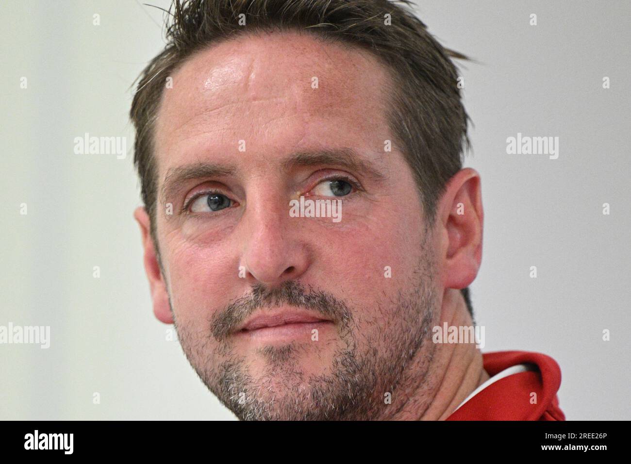 Prag, Tschechische Republik. 27. Juli 2023. Die tschechischen Vertreter der Feldhockeyspieler trainieren Gareth Grundie während der Pressekonferenz vor der 2023. Eurohockey-Meisterschaft der Frauen II (ab 30. Juli in Prag) am 27. Juli 2023 in Prag, Tschechische Republik. Kredit: Michal Kamaryt/CTK Photo/Alamy Live News Stockfoto