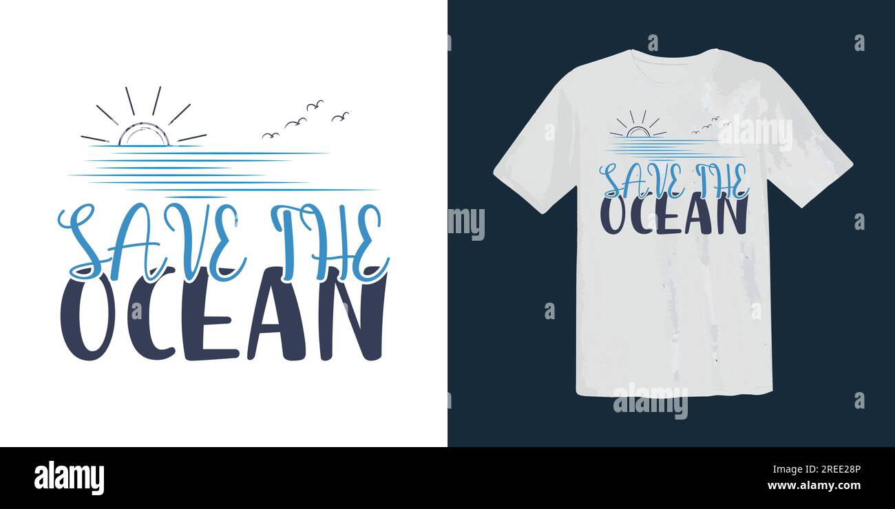 Save the Ocean-Schriftzug Typografie Surf, Beach, Summer, Illustration, Vintage-T-Shirt-Grafik. Stock Vektor