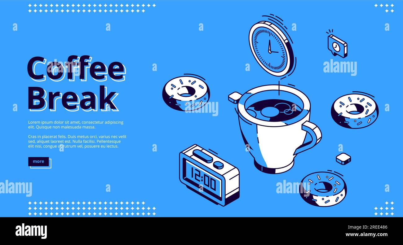 Isometrische Startseite für Kaffeepausen. Rund um die Uhr und eine riesige Tasse mit heißem Getränk, Donuts und Wecker mit 12 Uhr Zeit am Telefon. Frühstück für Geschäftsleute, 3D-Vektorgrafik, Webbanner mit Strichzeichnungen Stock Vektor