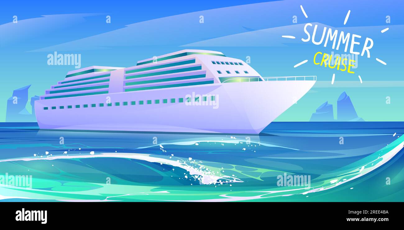 Kreuzfahrtschiff im Meer. Sommer-Luxusurlaub auf Kreuzfahrtschiffen. Vektor-Cartoon-Darstellung der tropischen Meereslandschaft mit Passagierschiff auf blauen Meereswellen Stock Vektor