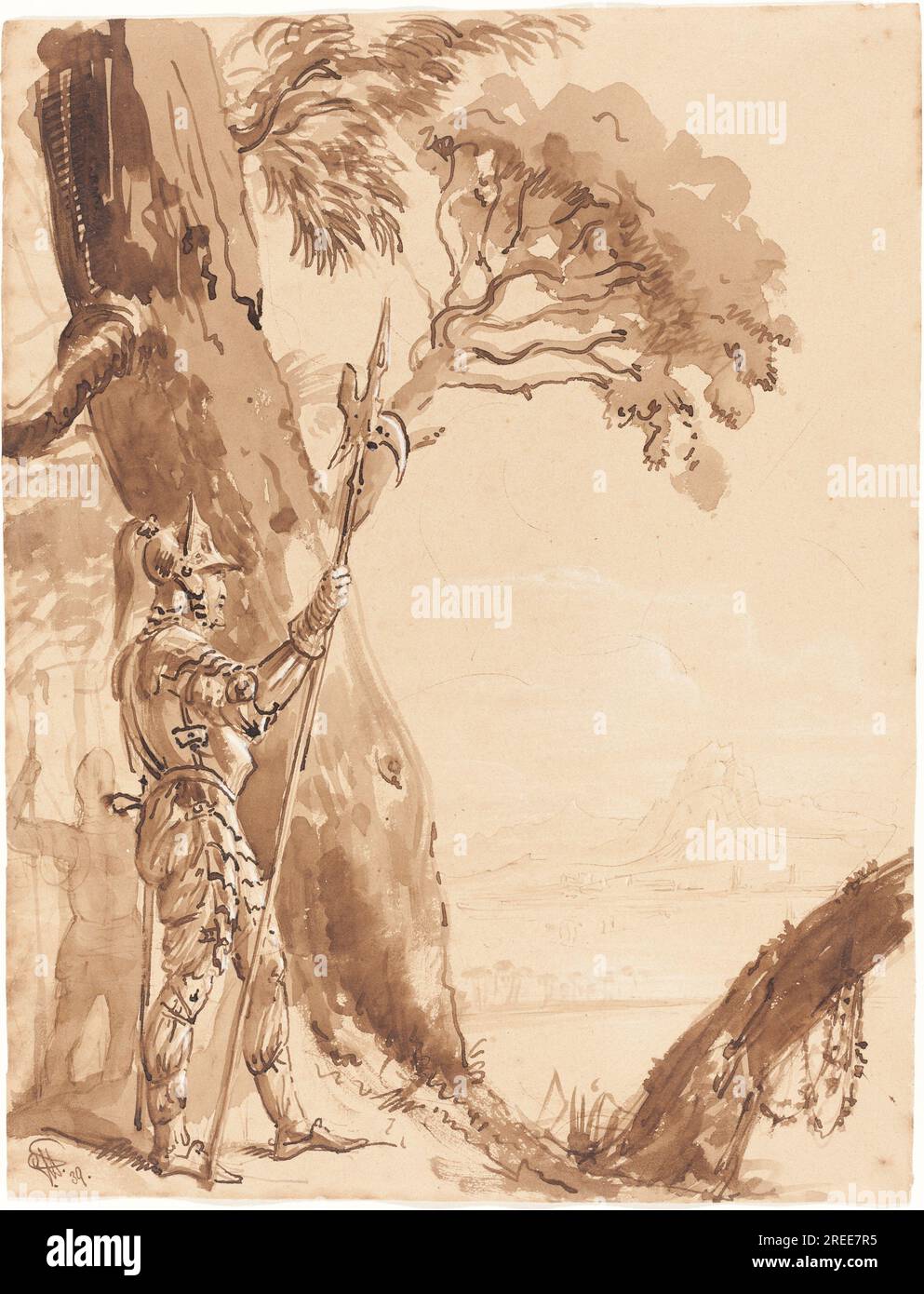 „Sir George Hayter, Bandits on the Lookout, 1839, Stift und braune Tinte mit brauner Wäsche, verstärkt mit Weiß, auf braunem gewebtem Papier, Overall: 29 x 22,2 cm (11 7/16 x 8 3/4 Zoll), Geschenk von William B. O'Neal, 1995.52.73“ Stockfoto