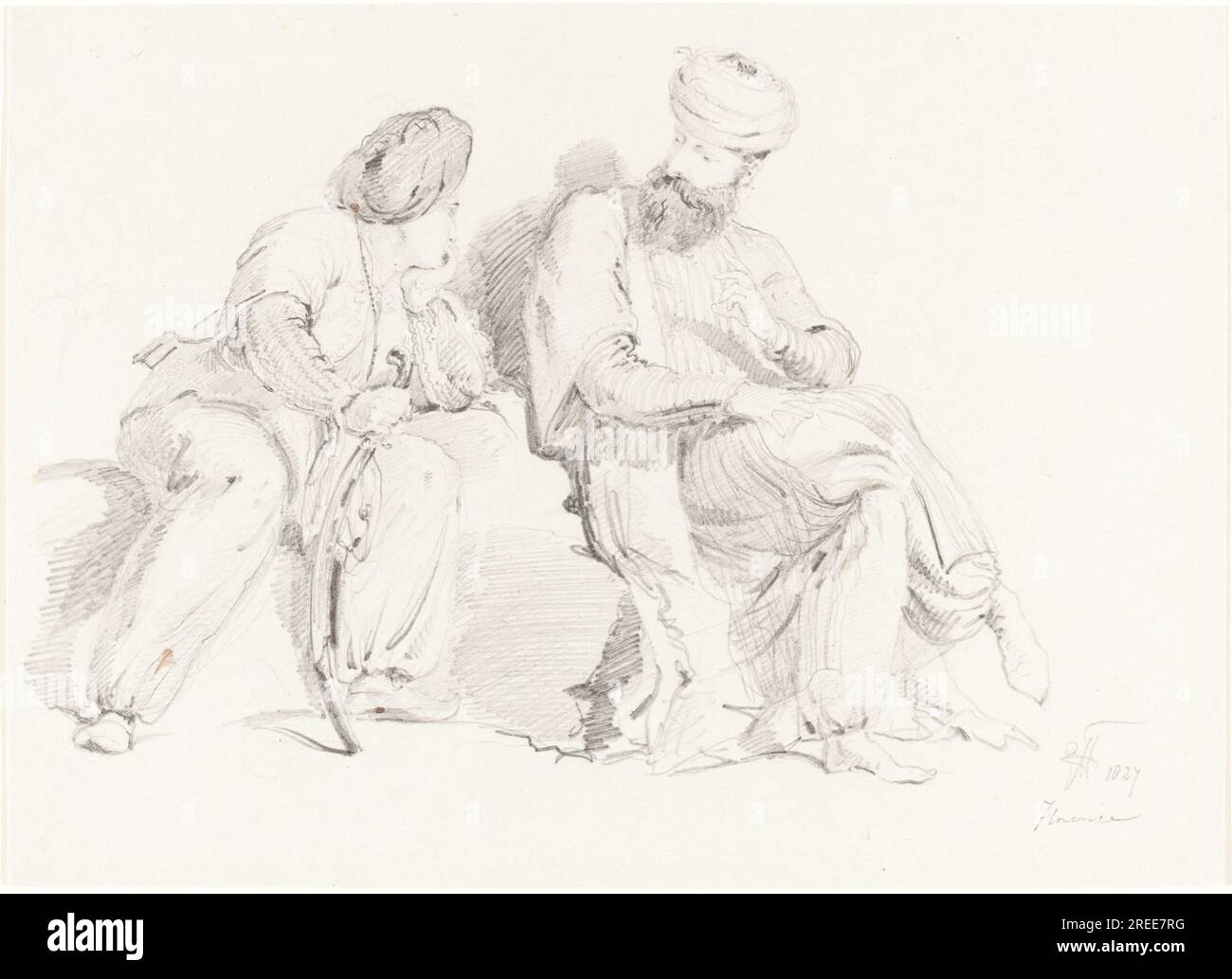 „Sir George Hayter, Two Men in Oriental Dress, 1827, Graphit auf gewebtem Papier, Overall: 15,6 x 21,6 cm (6 1/8 x 8 1/2 Zoll), Geschenk von Frank Anderson Trapp, 2004.166.21" Stockfoto
