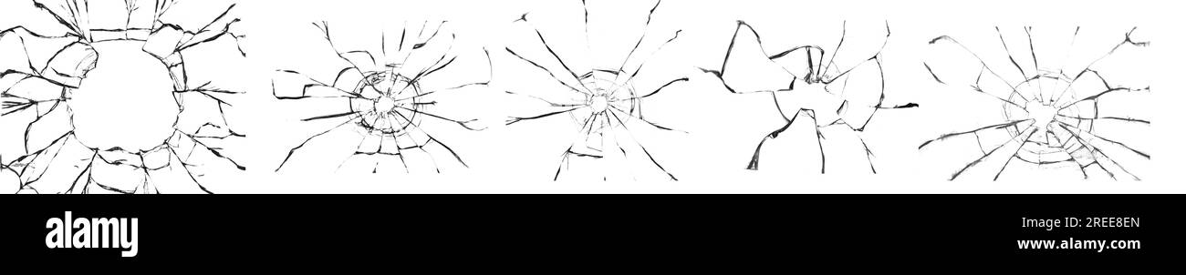 Große Ansammlung von Glasrissen auf schwarzem Hintergrund. Konzept der Schaufensteraufnahmen für die Gestaltung Stockfoto