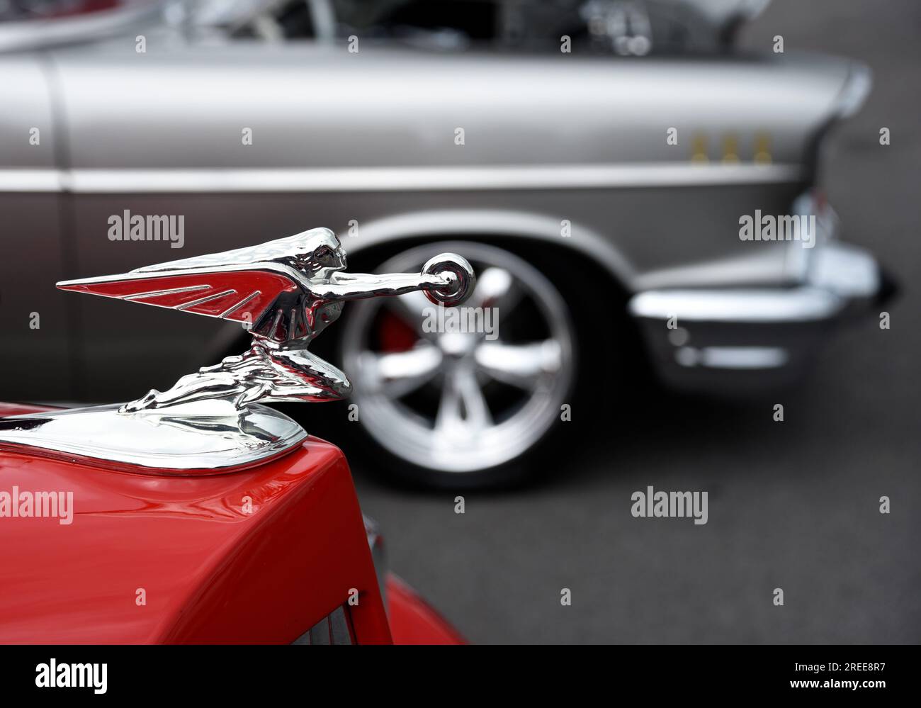 Eine altmodische Göttin der Speed Chrom-Motorhaube auf einem 1937 Packard-Automobil, die auf einer Autoausstellung in Abingdon, Virginia, ausgestellt wird. Stockfoto