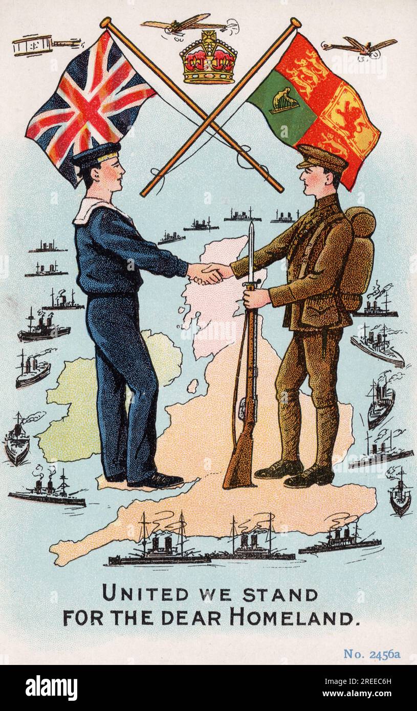 United We stehen für die liebe Heimat, englische Sailor und Soldat, patriotische Postkarte aus der Zeit des Ersten Weltkriegs. National Series publ. Stockfoto