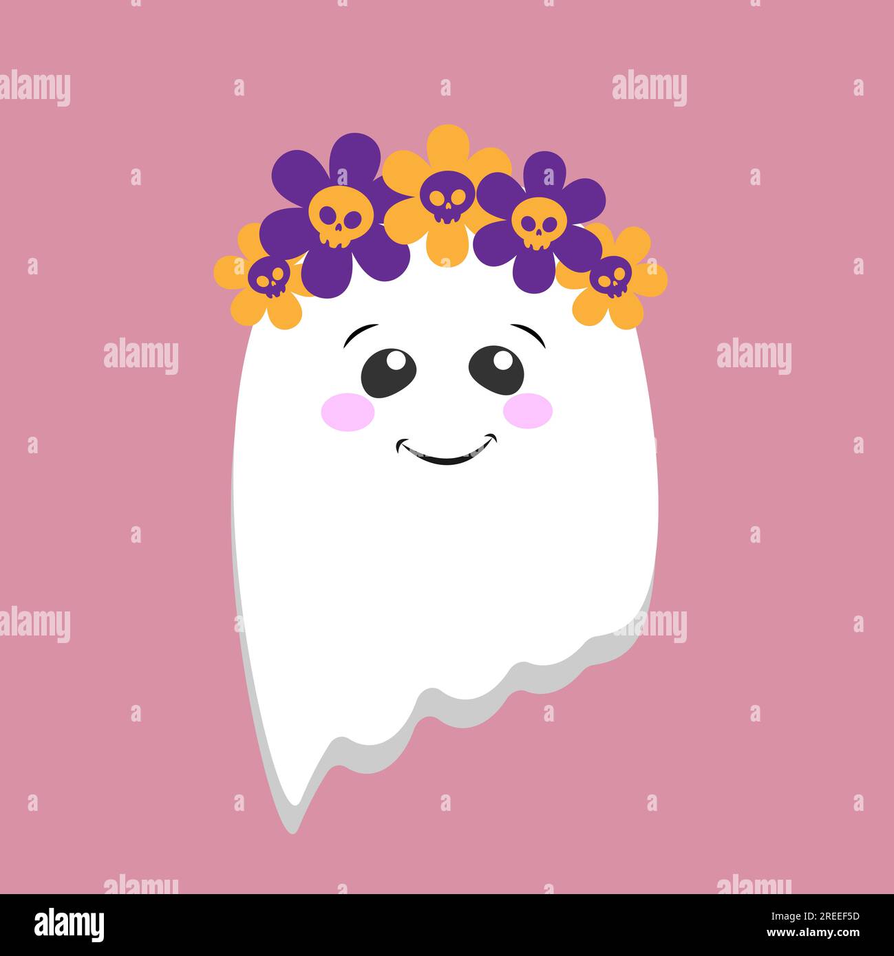 Lustiger, süßer Comic-Geist. Das Bild eines Geistes mit Blumen auf dem Kopf Stock Vektor