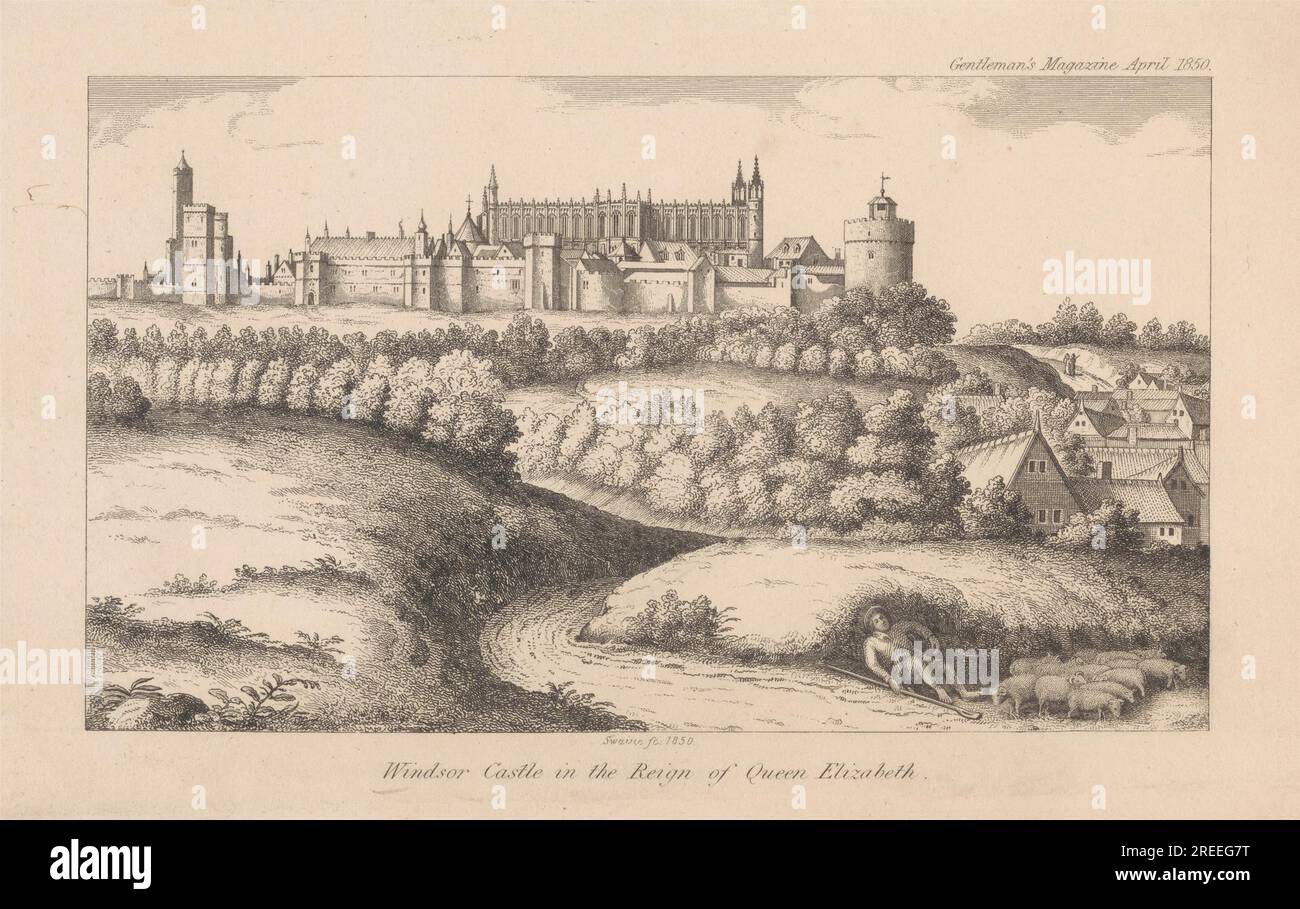 Schloss Windsor in der Herrschaft von Königin Elizabeth, eingraviert in das Gentleman's Magazine 1850 von John Swaine Stockfoto