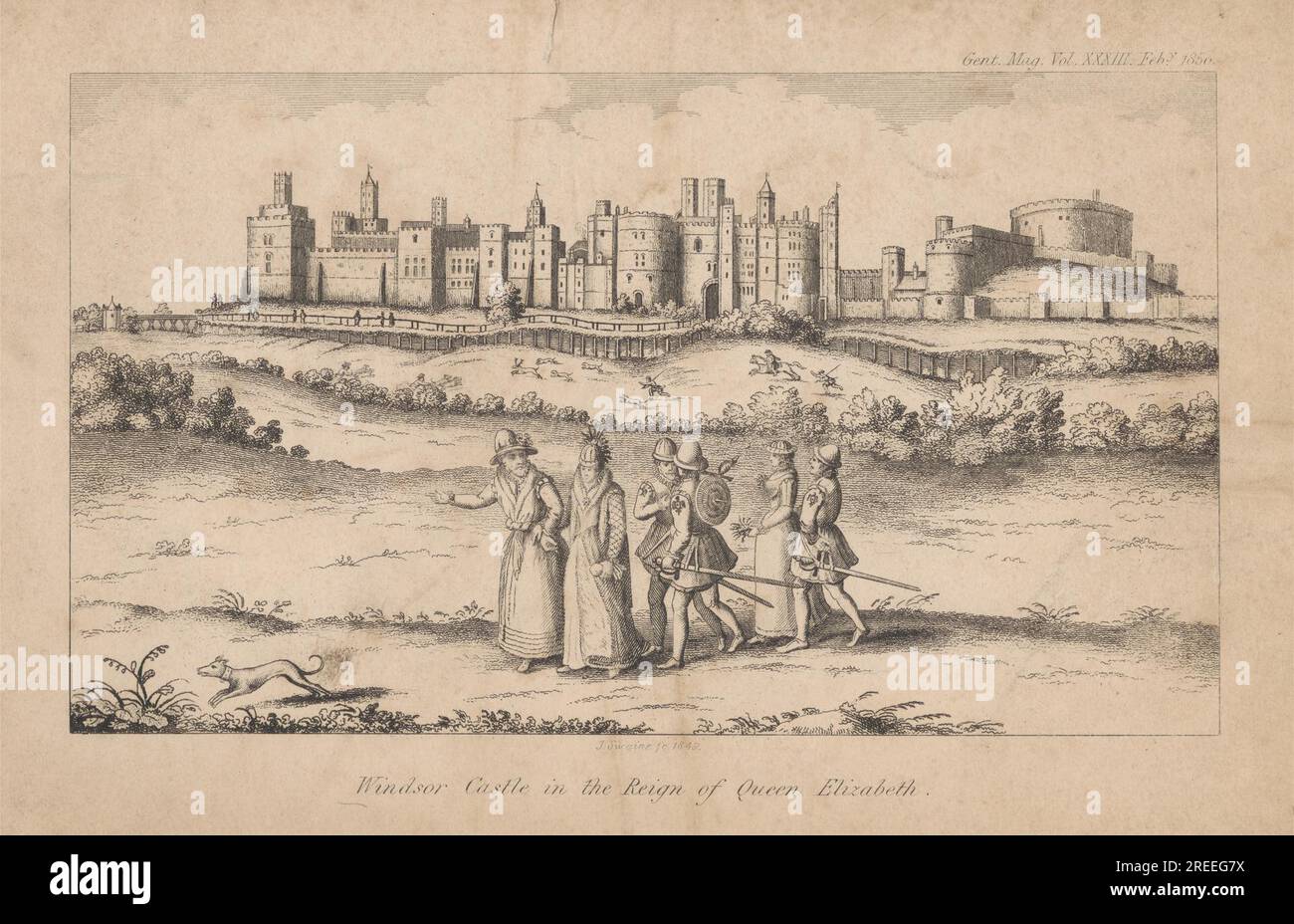 Schloss Windsor in der Herrschaft von Königin Elizabeth, eingraviert in das Gentleman's Magazine 1849 von John Swaine Stockfoto