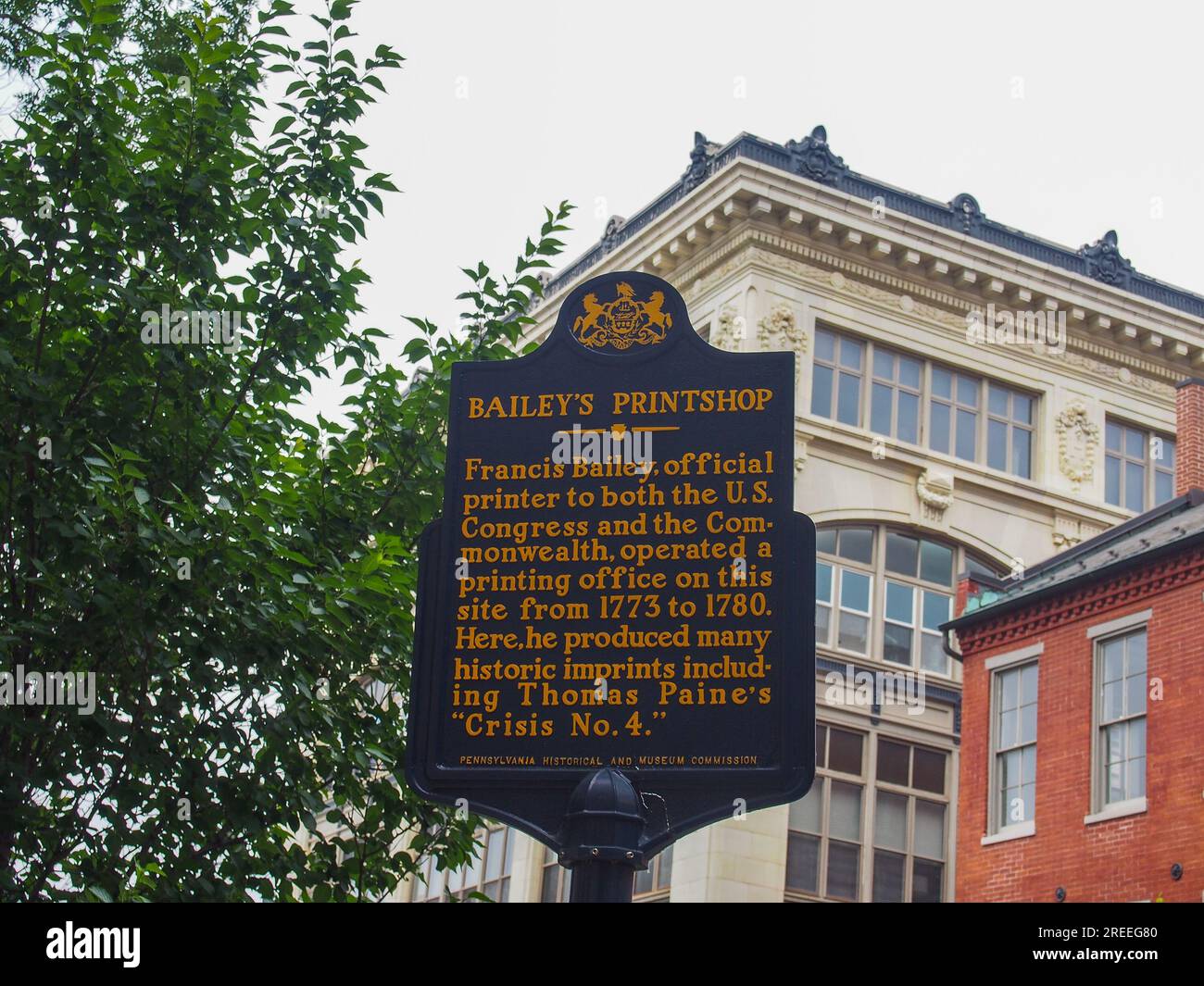 Bailey's Printshop historischer Marker in Lancaster, Pennsylvania, 5. Juni 2023, © Katharine Andriotis Stockfoto