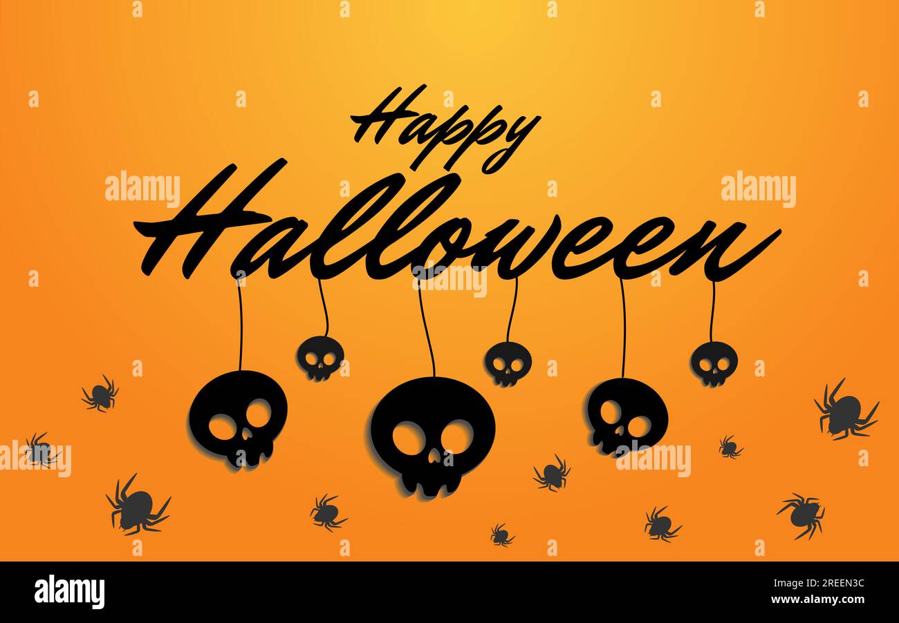 Fröhlicher orangefarbener Halloween-Hintergrund mit schwarzen Schädeln und Spinnen. Fröhliche Halloween-Vektorschrift mit schwarzen Schädelelementen. Feiertagskalligraphie für B. Stock Vektor