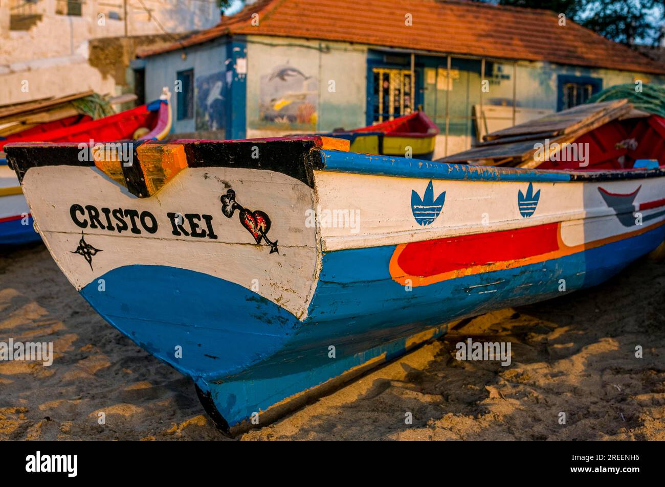 Fisher-Boote mit Schriften. Tarrafal. Santiago. Cabo Verde. Afrika Stockfoto