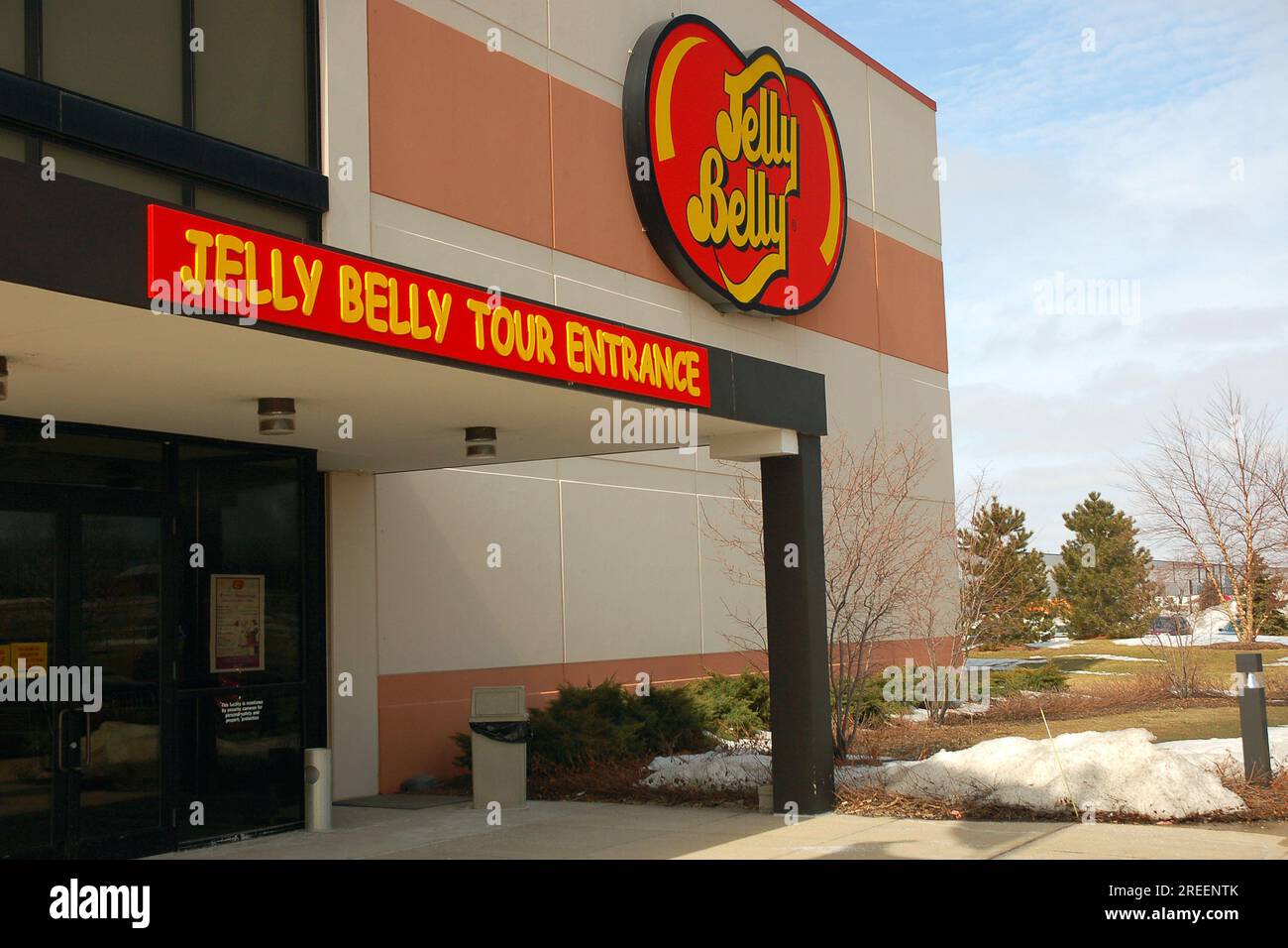 Der Eingang zur Führung durch die Jelly Belly Factory zeigt, wie Süßigkeiten aus Jelly Bean in Pleasant Prairie, Wisconsin, hergestellt werden Stockfoto