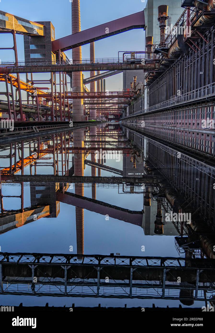 Kokerei Zollverein in der Zollverein-Grube, Förderbandbrücken, Schornsteine, Kokereibatterien, die sich im Regenwasser, das sich angesammelt hat, spiegeln Stockfoto