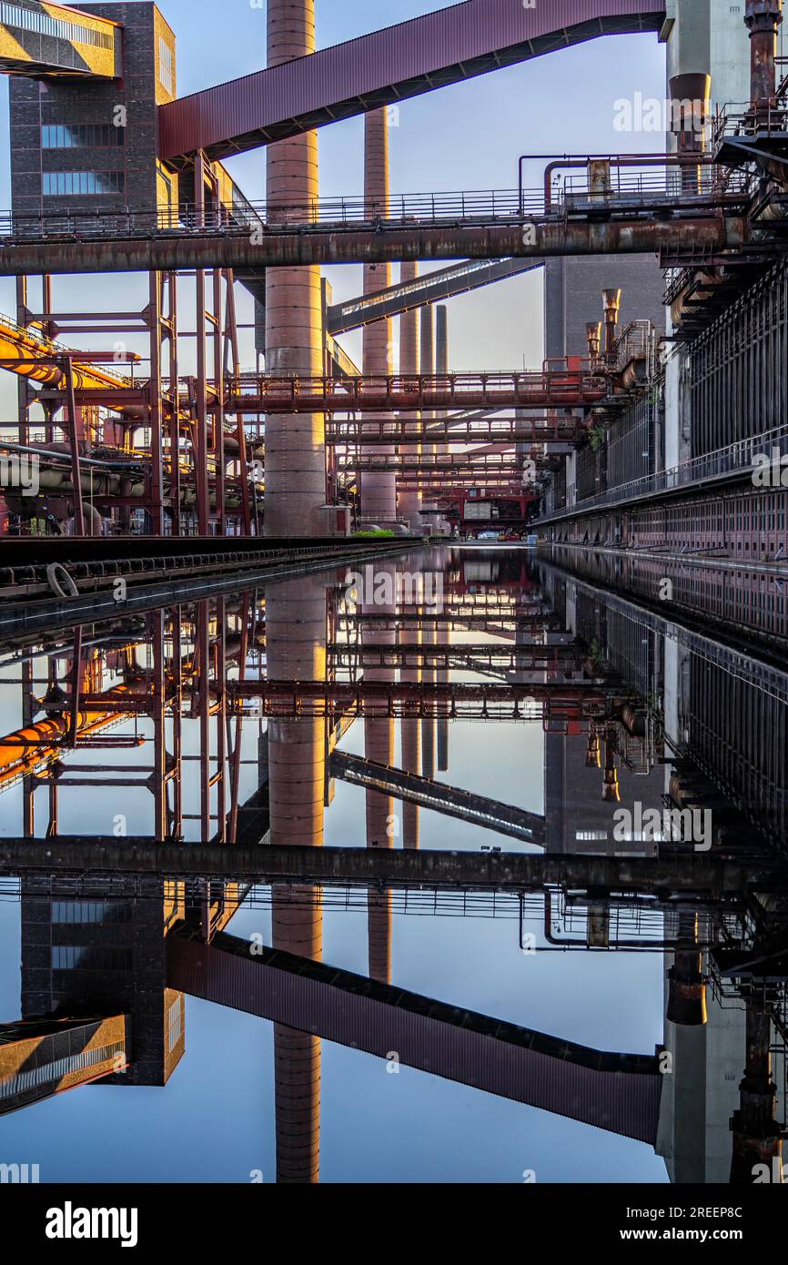 Kokerei Zollverein in der Zollverein-Grube, Förderbandbrücken, Schornsteine, Kokereibatterien, die sich im Regenwasser, das sich angesammelt hat, spiegeln Stockfoto