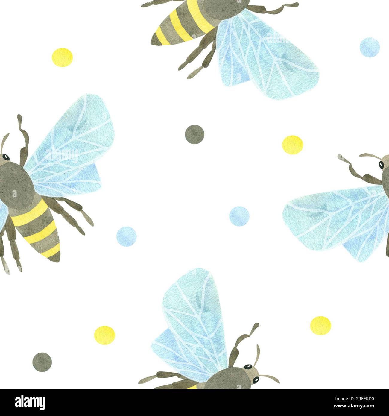 Nahaufnahmen mit Honigbienen und mehrfarbigen Aquarellflecken auf weißem Hintergrund. Aquarelldarstellung. EIN SATZ TIERGESICHTER. Sui Stockfoto