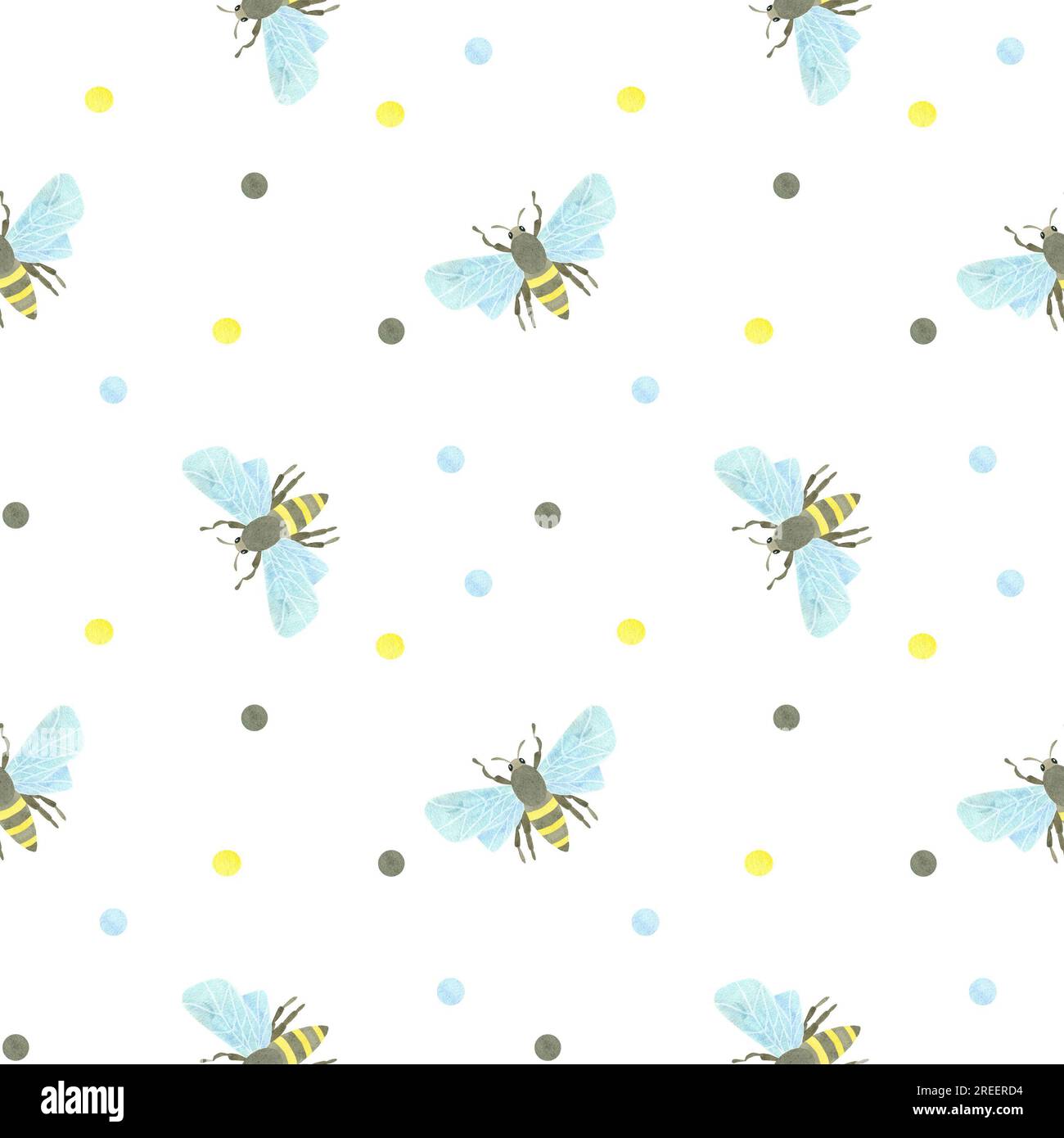 Nahtloses Muster mit Honigbienen und mehrfarbigen Aquarellflecken auf weißem Hintergrund. Aquarelldarstellung. EIN SATZ TIERGESICHTER. Geeignet für Stockfoto