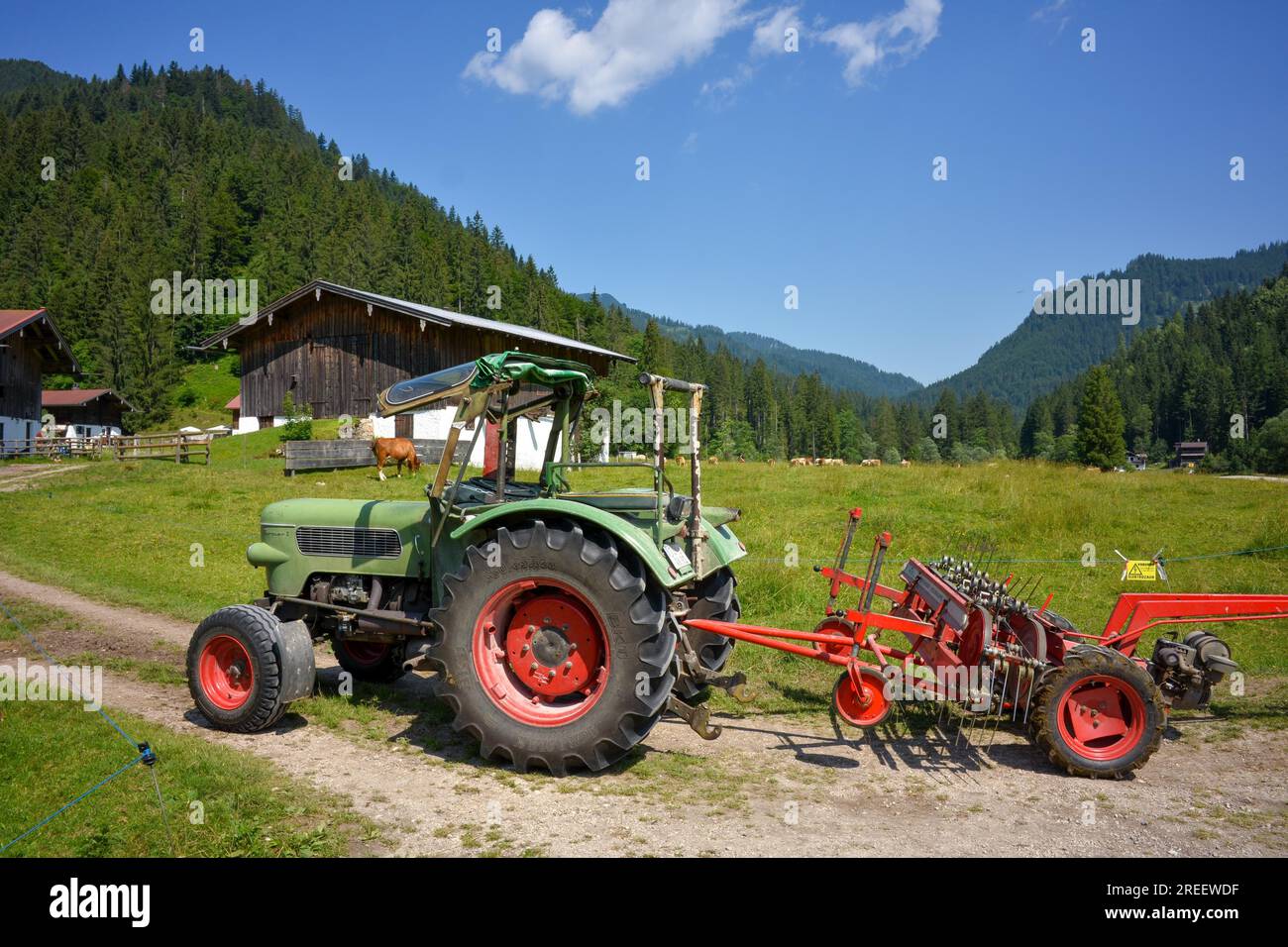 Alter Fendt-Traktor Famer 2 mit Poettinger Heuraupe in Roetelmoosalm in Bayern Stockfoto