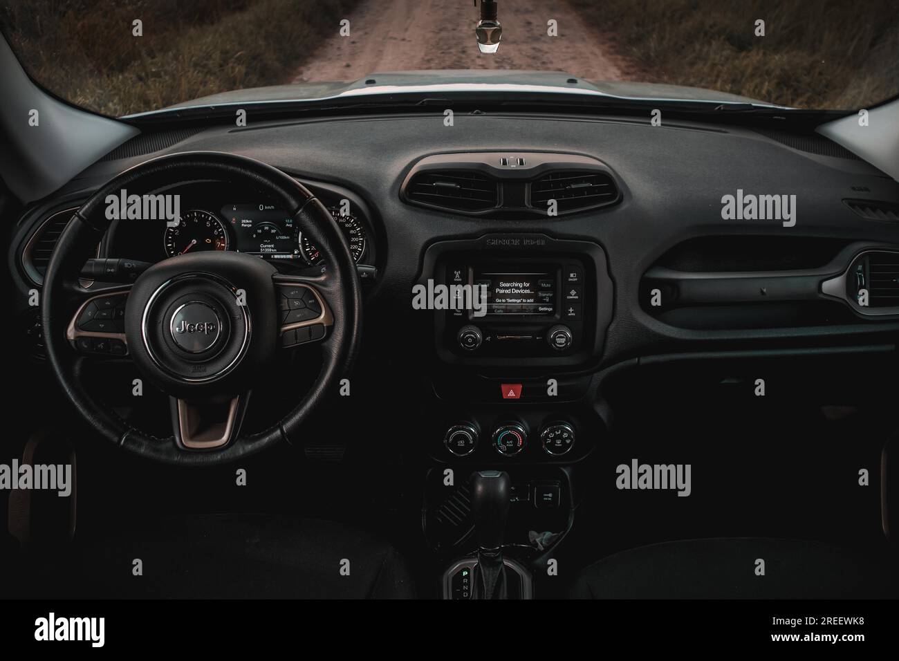 Jeep-Zentrum des Autos, Kies, Natur, Coulds, Silber, Gewerbe, Bäume, Lenkrad, Innenraum Stockfoto