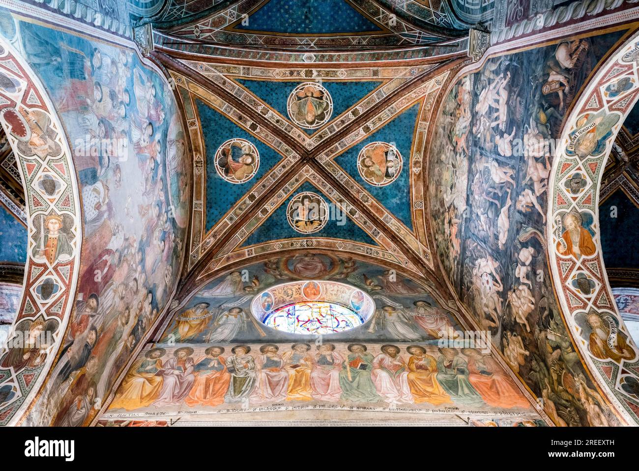 Four Apostles, Last Judgment, Paradise and Hell, Fresken von Taddeo di Bartolo, Collegiata di Santa Maria Assunta und Duomo di San Gimignano, San Stockfoto