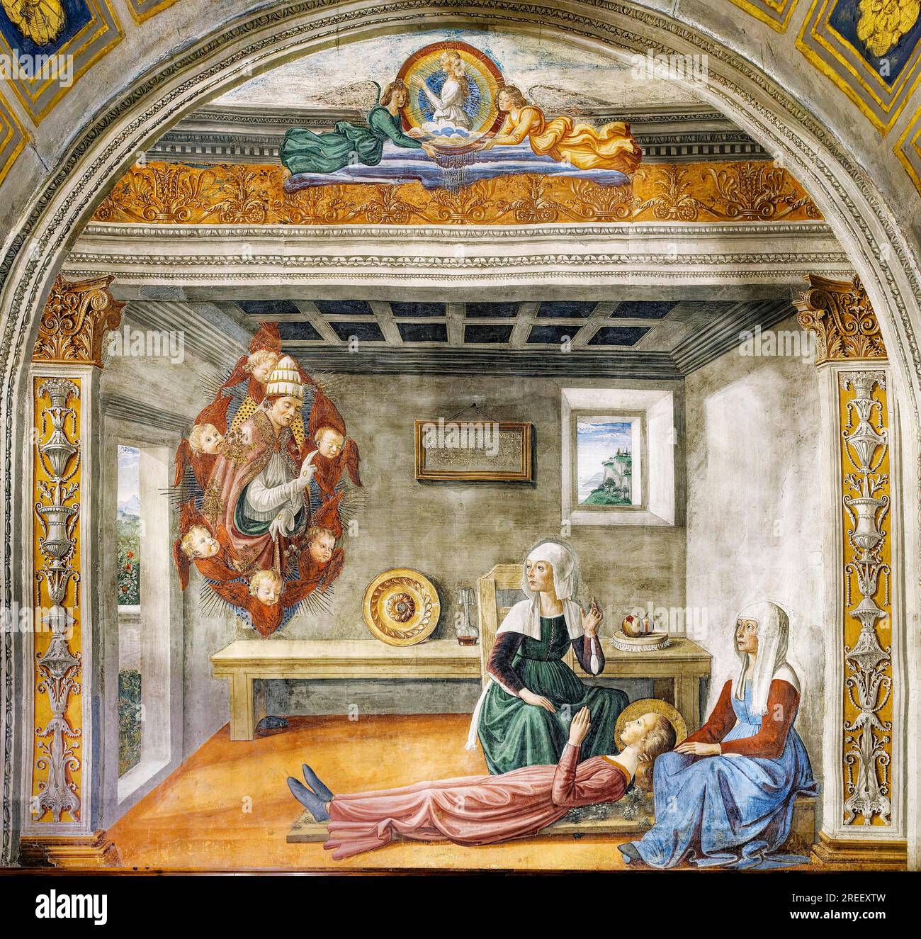 Papst Gregory der große erscheint auf St. Fina mit ihren Krankenschwestern auf dem Krankenbett, Fina da San Gimignano, schutzheilige der Stadt, Kapelle, Cappella Santa Stockfoto