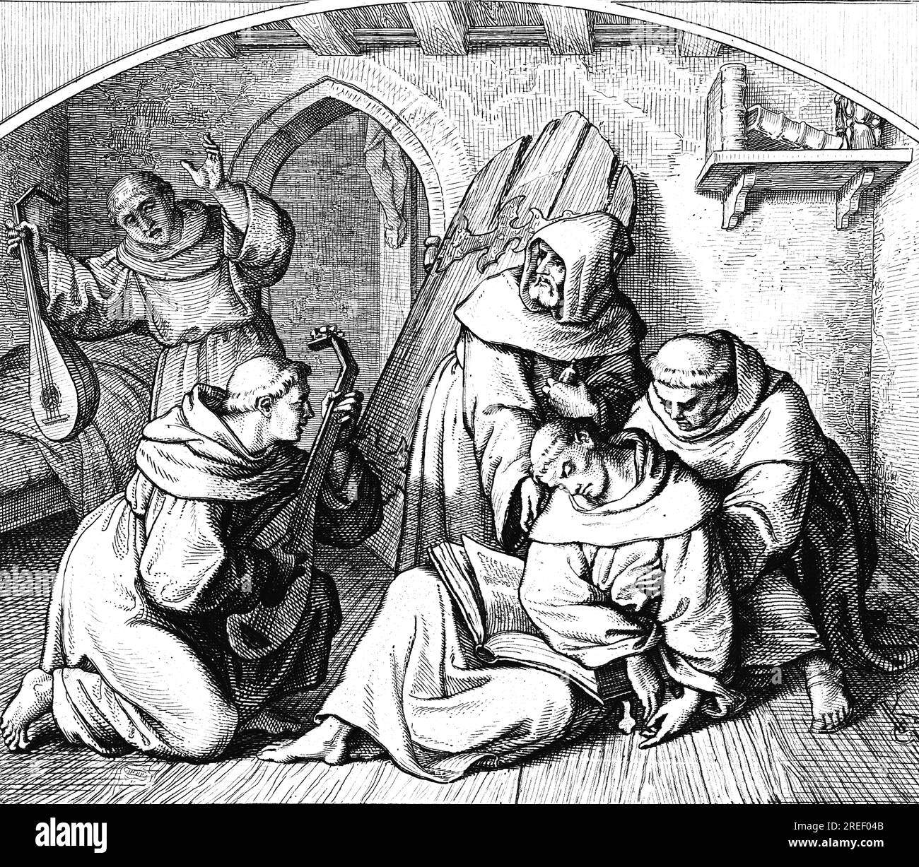 Martin Luther liegt bewusstlos in seiner Zelle, die bibel in seiner Hand, Freunde bringen ihn wieder zur Vernunft, indem sie Laute, Deutschland, Kloster, Zelle spielen Stockfoto