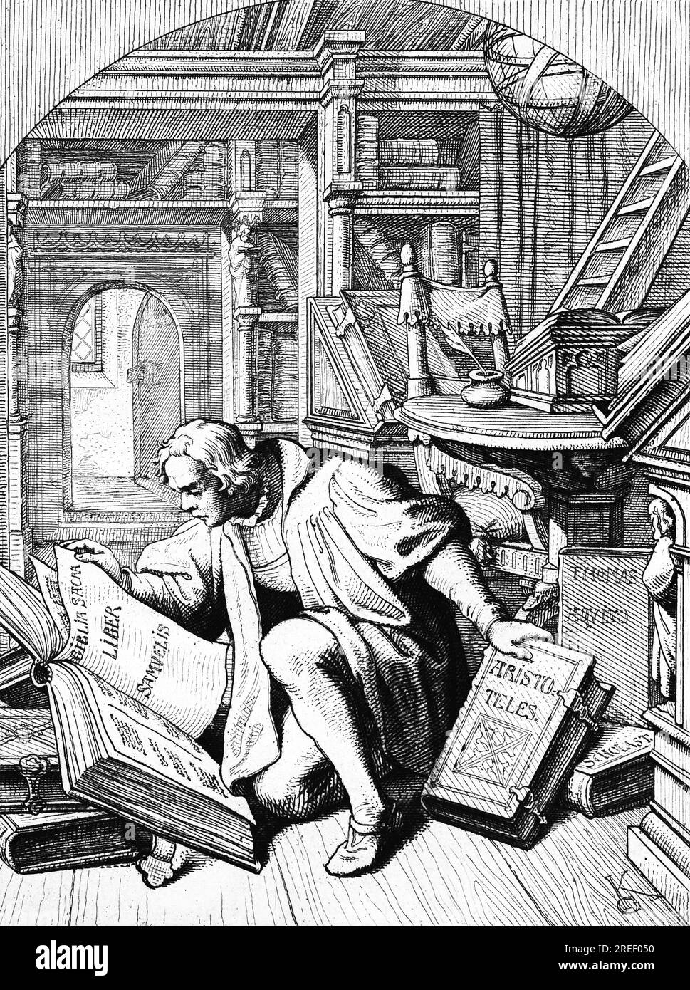 Martin Luther entdeckt eine lateinische Bibel, Universitätsbibliothek Erfurt, Deutschland, Sprache, Latein, Bücher, Universität, Regale, Aristoreles, 16. Jahrhundert Stockfoto