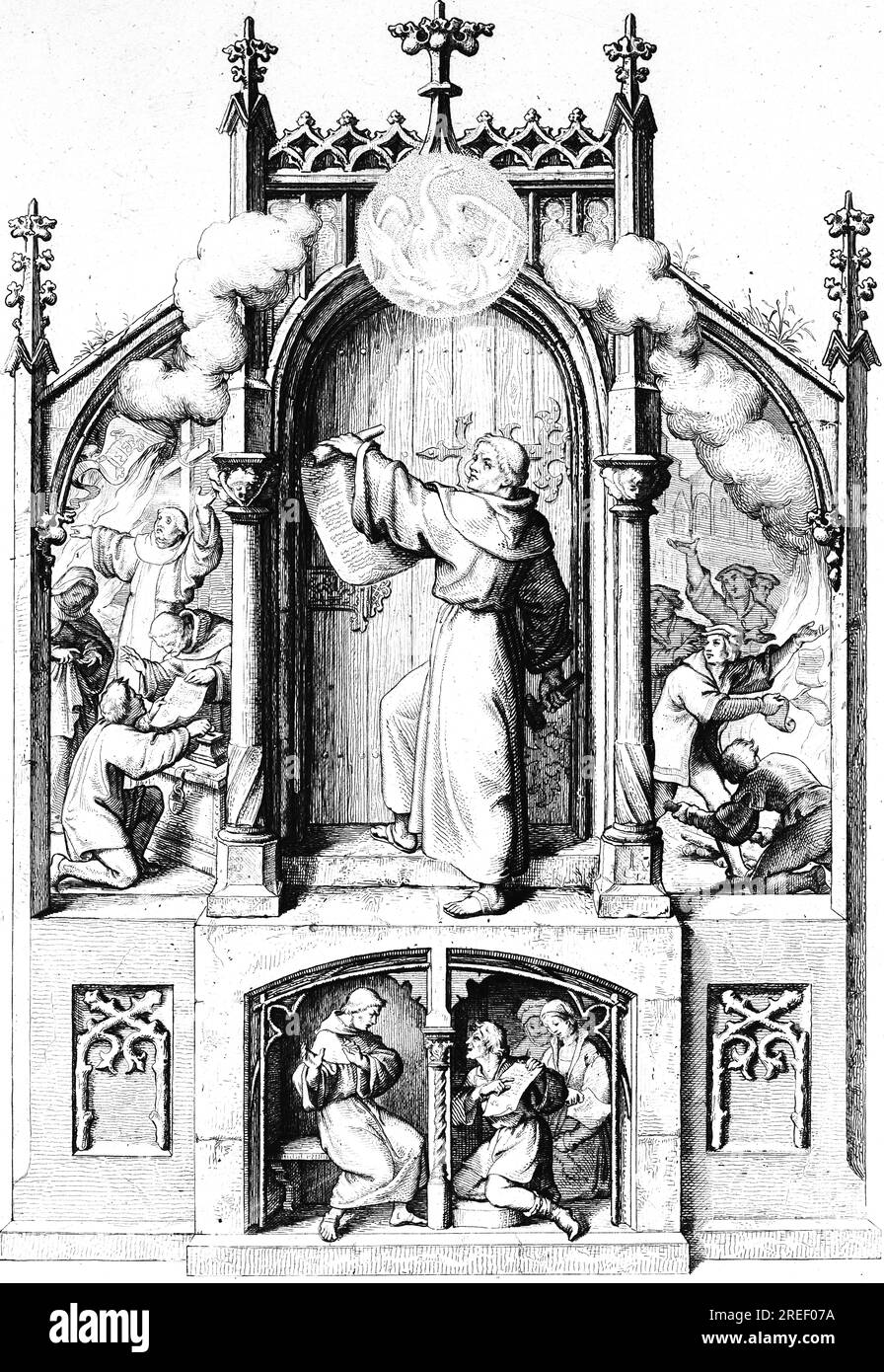Martin Luther schlägt die 95 Thesen an der Kirchentür in Wittenberg zu (Hauptbild), Verwöhnprediger Tezel (links), Wittenberg-Studenten verbrennen Tezel's Stockfoto