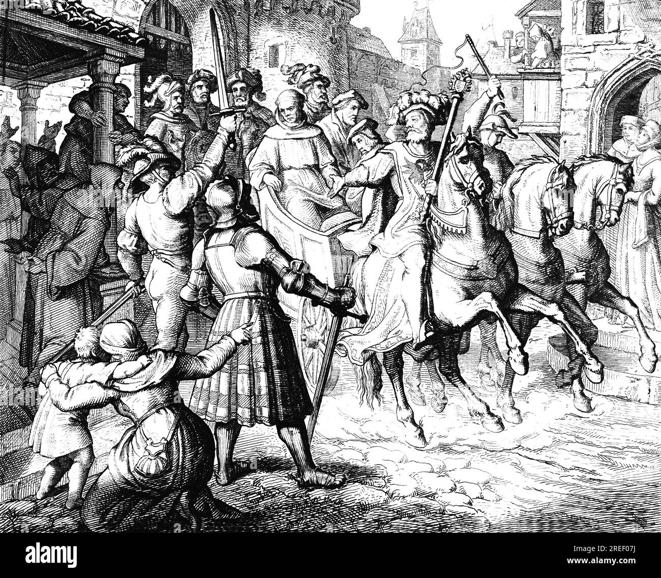 Martin Luthers freudiger Empfang in Worms im Jahr 1521, Kutsche, Pferde, Stadtbild, Menschenmenge, Willkommen, Zufriedenheit, Berühmtheit, Reiter, Adel, Menschen Stockfoto