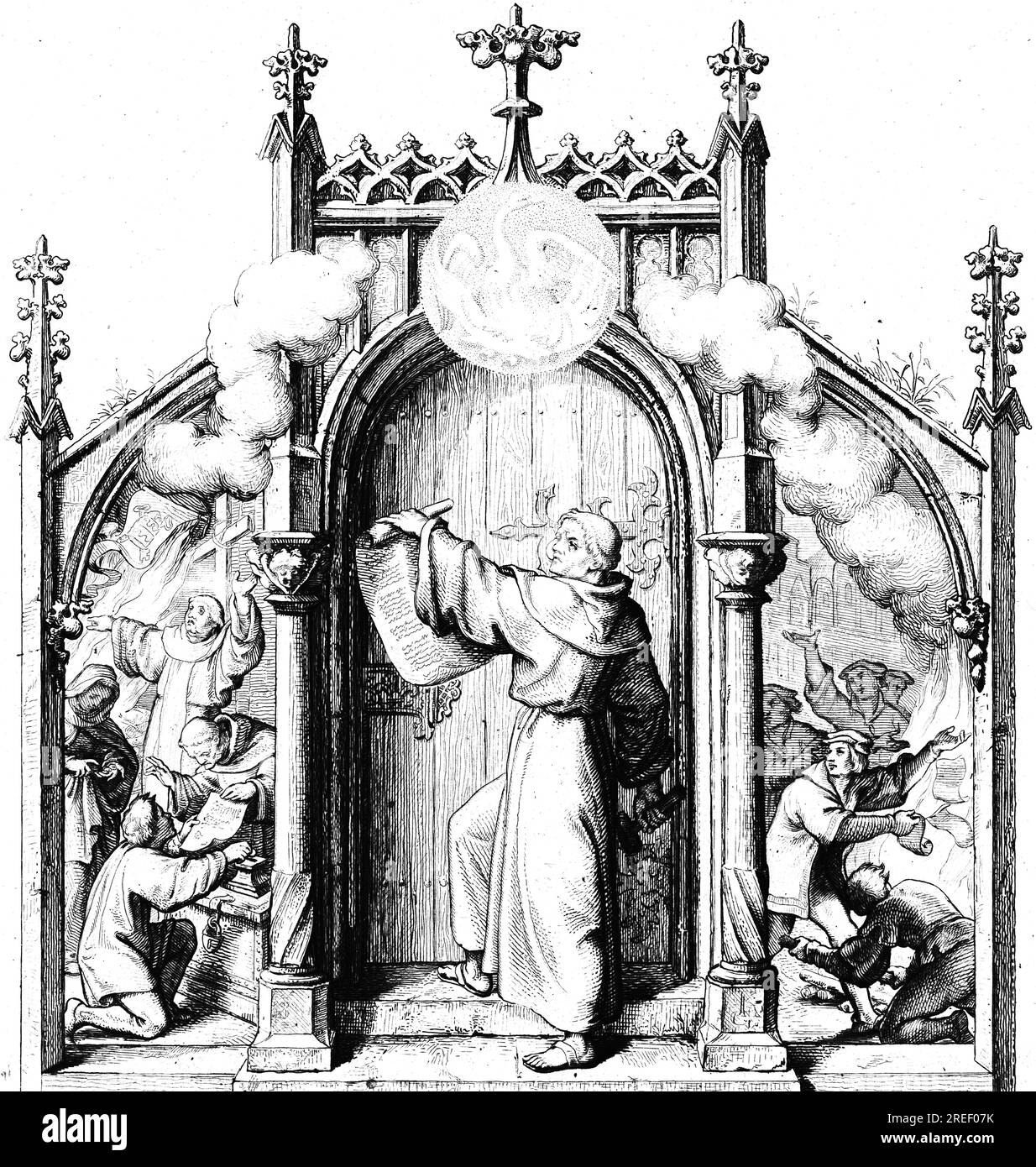 Martin Luther schlägt die 95 Thesen an der Kirchentür in Wittenberg (Zentrum) zu, Genussprediger Tezel (links), Wittenberg-Studenten verbrennen Tezel's Stockfoto