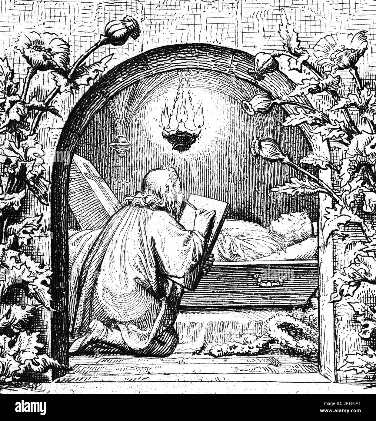 Der verstorbene Martin Luther in einem Sarg, Tod, Trauer, Kreuz, Kranz, Liegen, ruhen, Licht, Licht, Natur, Blumen, Ornamente, Religion Stockfoto