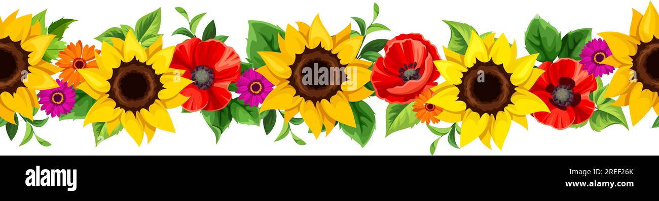 Blumiger, nahtloser Rand mit Sonnenblumen, Mohnblumen und grünen Blättern. Vector nahtlose horizontale Girlande Stock Vektor