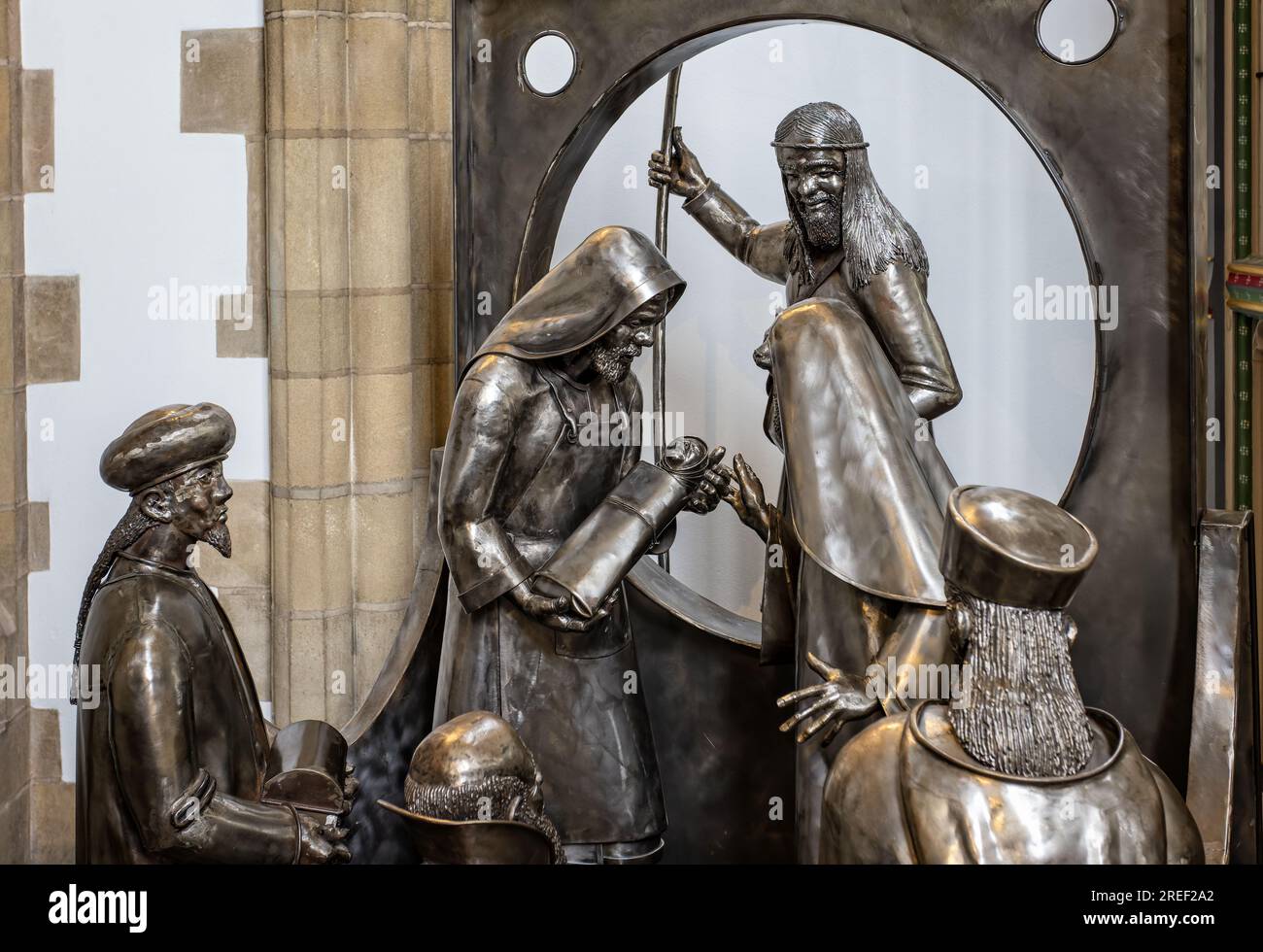 Nahaufnahme der Sheffield Steel Nativity Scene in Sheffield Cathedral, Sheffield, South Yorkshire, Großbritannien, am 24. Juli 2023 Stockfoto